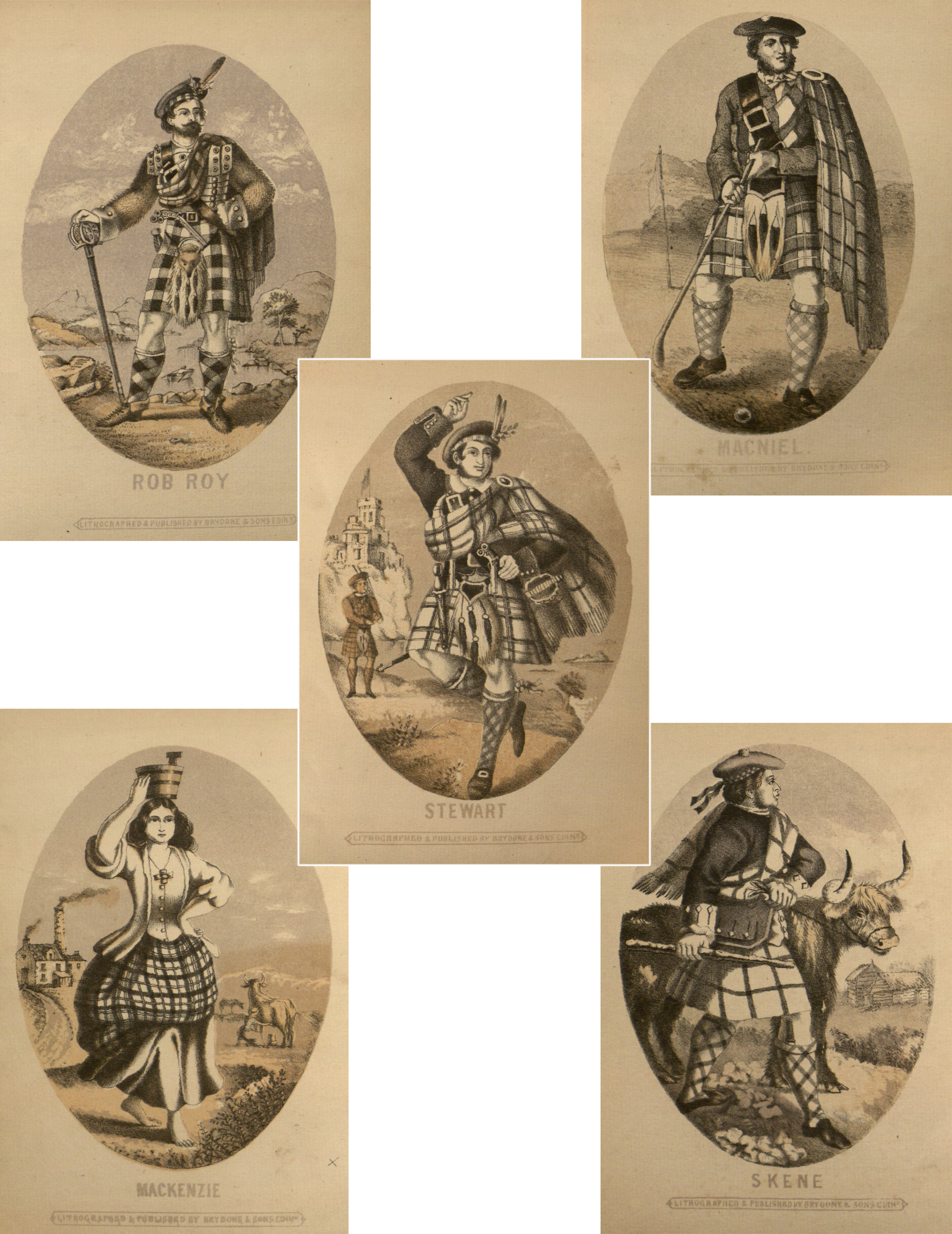 A selection of images from The Clans of the Highlands of Scotland(Edinburgh 1862). The formality of dress, the naive caricature, and the primitive nature of the drawing all add to the patronising air of bucolic simplicity which was typical of the 19th century promotion of highland society. (St Andrews copy Hen1.1.36)