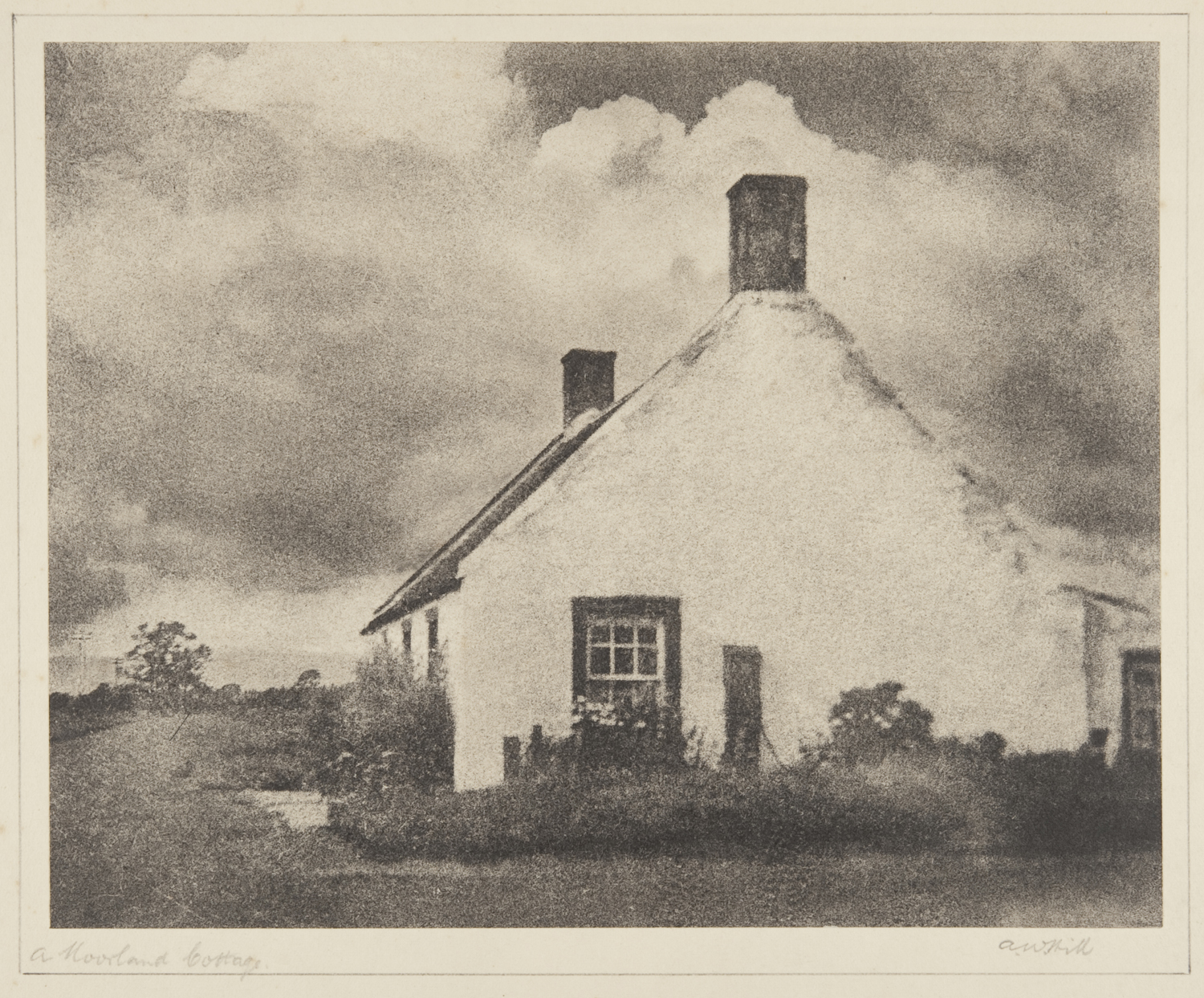 "A moorland cottage", bromoil transfer print, date unknown ca.1920s-30s, by Alexander Wilson Hill (1867-1949)