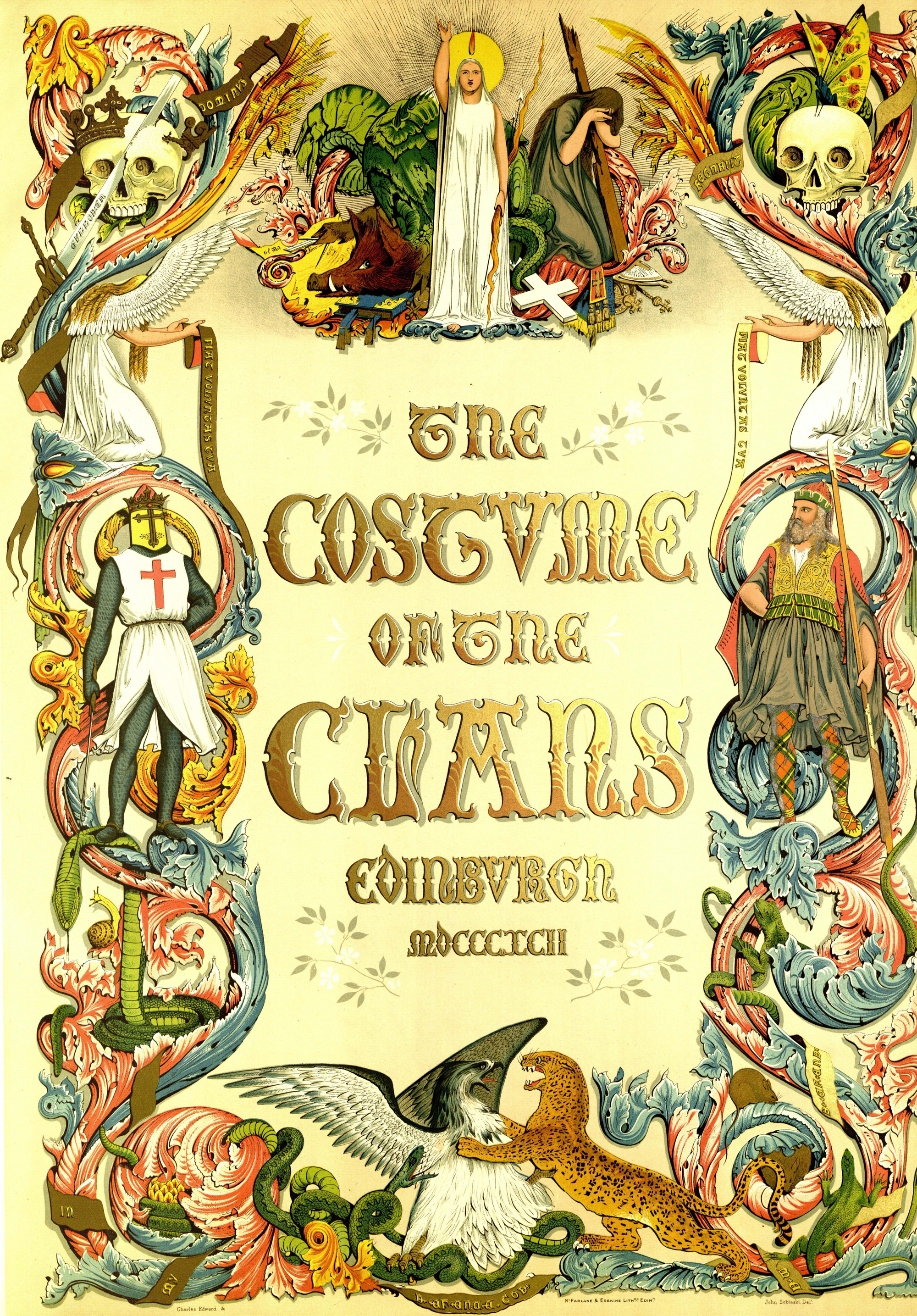 The extraordinary title page of ‘Costumes of the Clans’, printed in Edinburgh in 1892.  Note the romanticised references to the struggles of Scot against English (symbolised by St George) and the use of the sword, dramatically inscribed ‘Culloden’ in gothic script.