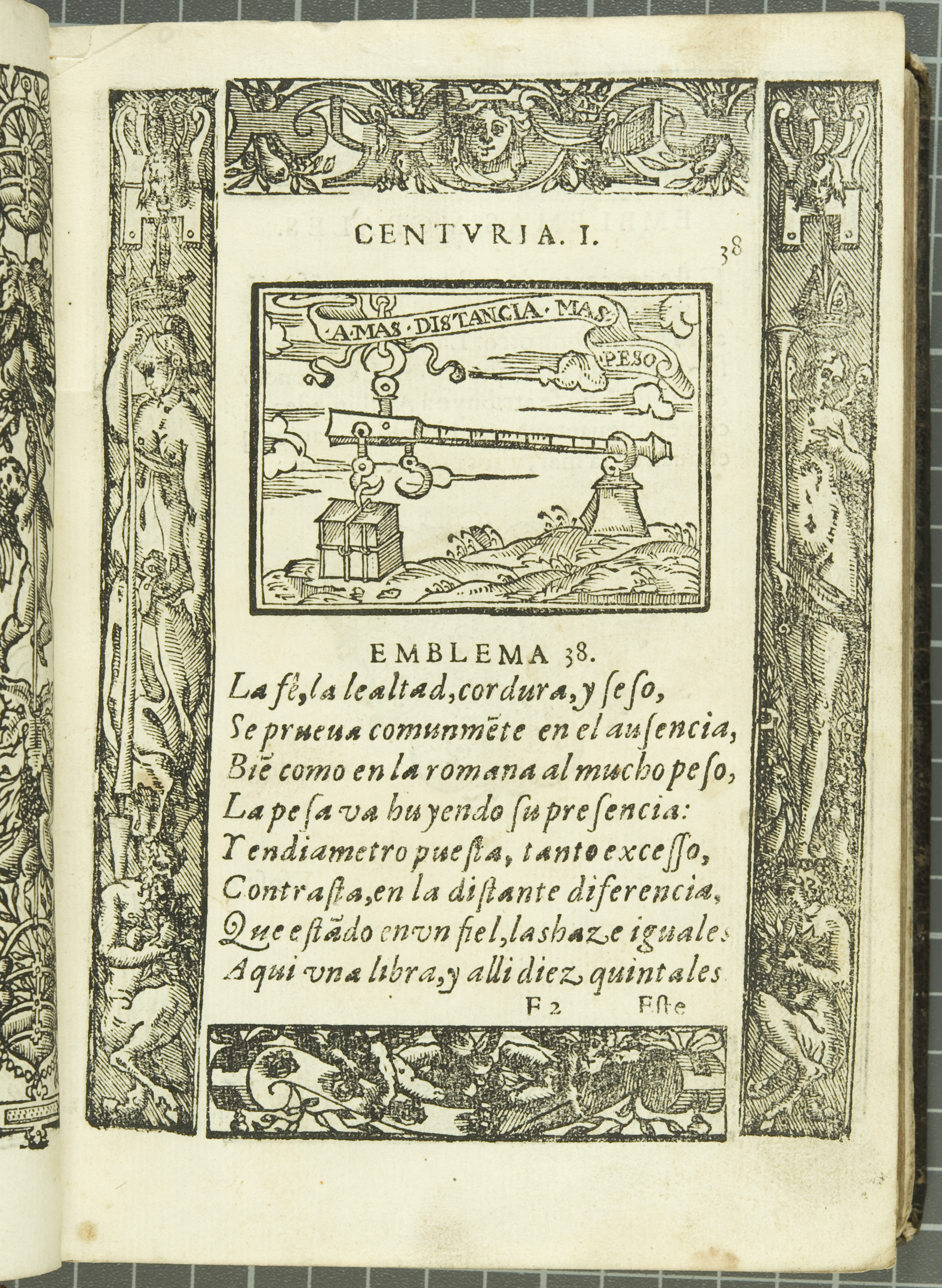 Emblem 38: "Amas distancia mas peso" (roughly translated to: Distance makes love stronger), from Covarrubias’s Emblemas morales (1610).