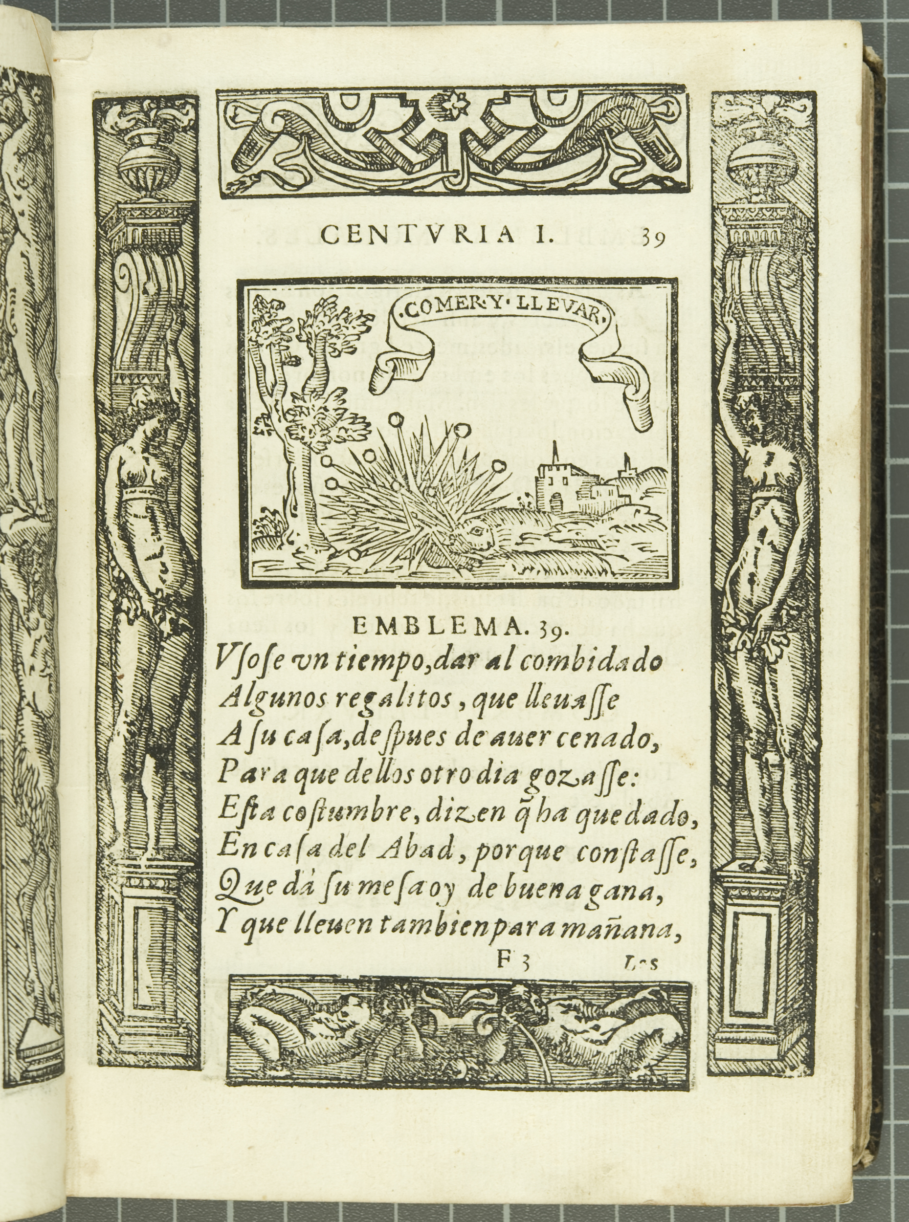 Emblem 39: "Comer y llevar" (Eat and carry away), from Covarrubias’s Emblemas morales (1610).