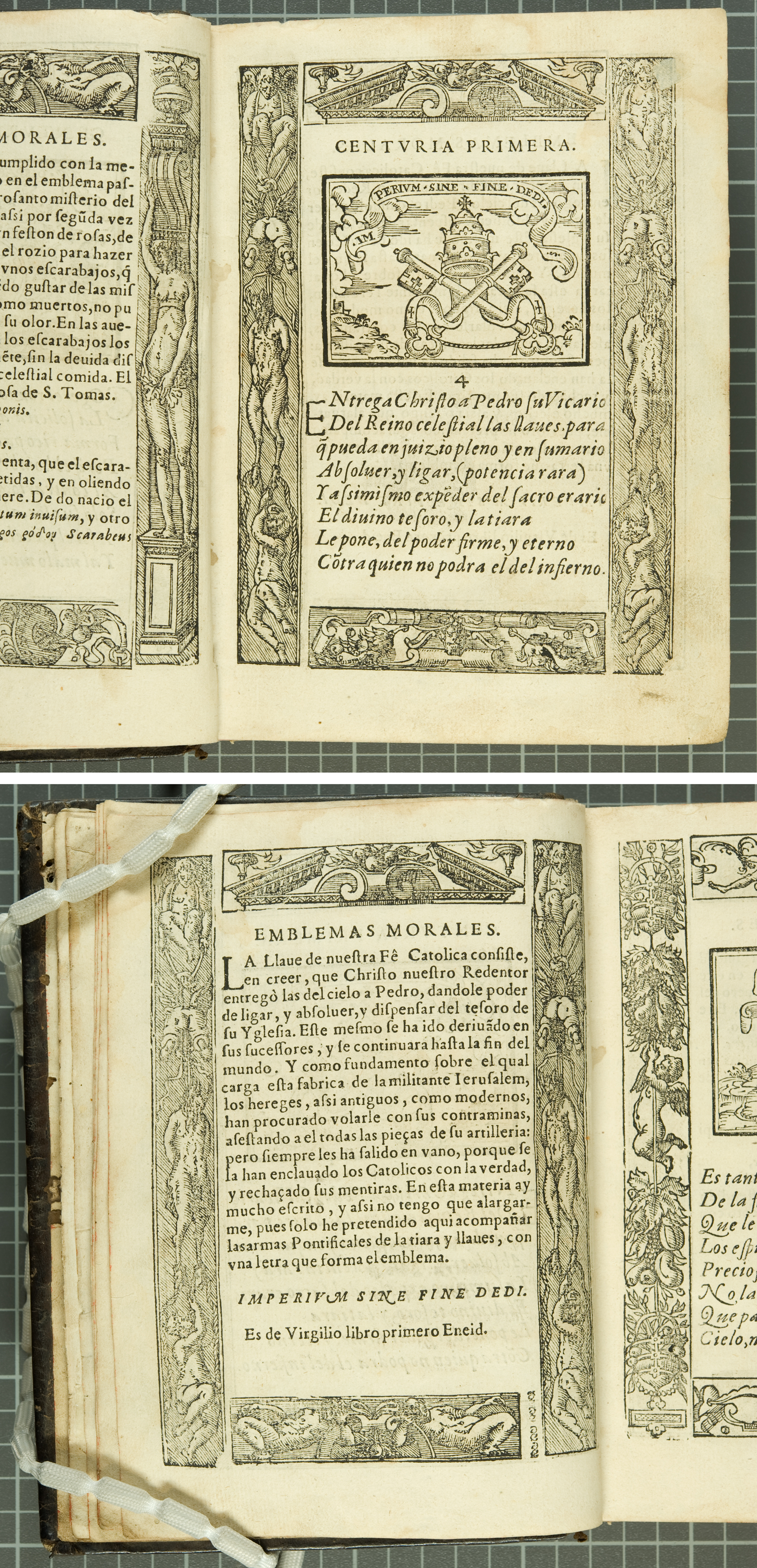 A example of a standard two-page spread from Sebastián de Covarrubias y Orozco’s Emblemas morales (1610), displaying a woodcut emblem, a Latin motto and a verse explanation in Spanish (St Andrews copy at r17 PQ6398.H78).  