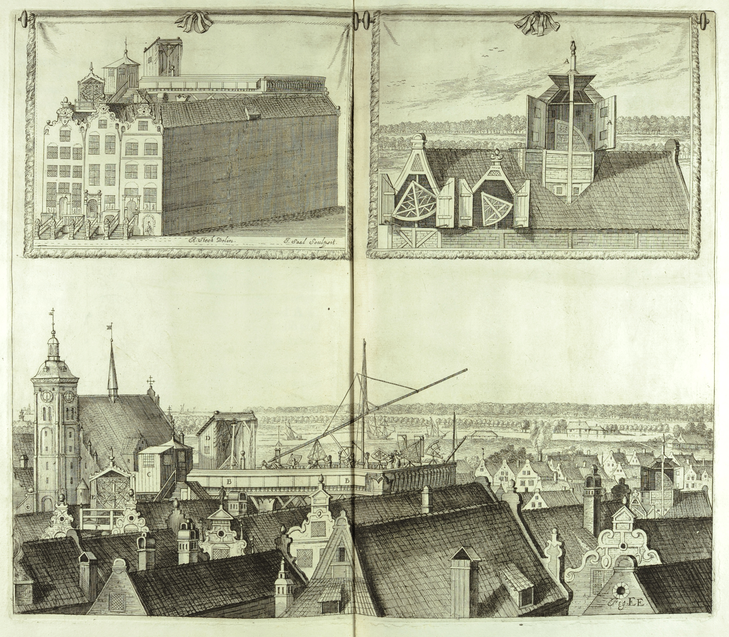Three views of the observatory of Johannes Hevelius in Gdańsk which spanned the rooftops of three homes, from his Machinae coelestis (St