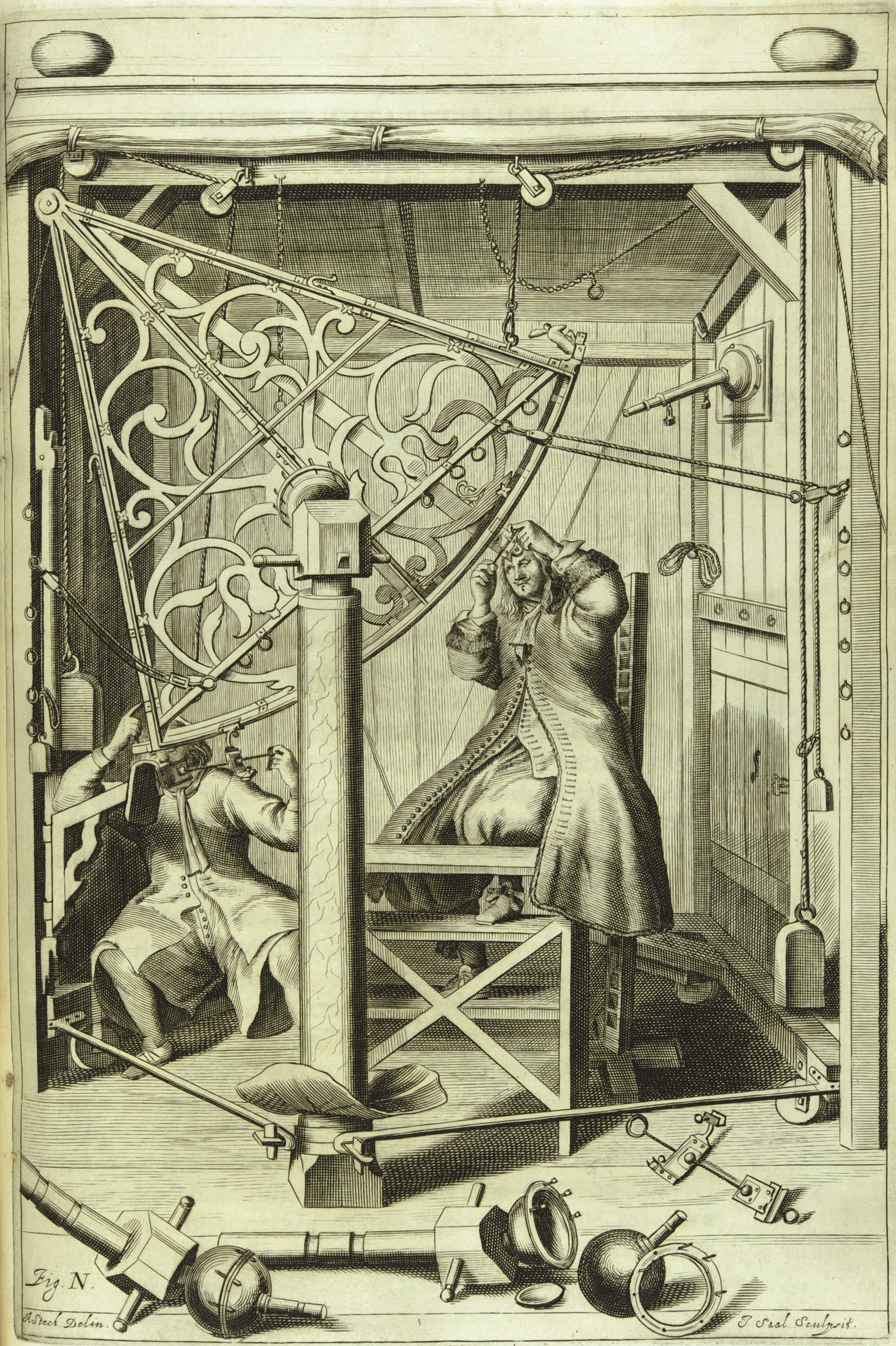 Hevelius hard at work in his observatory (from his Machinae coelestis).