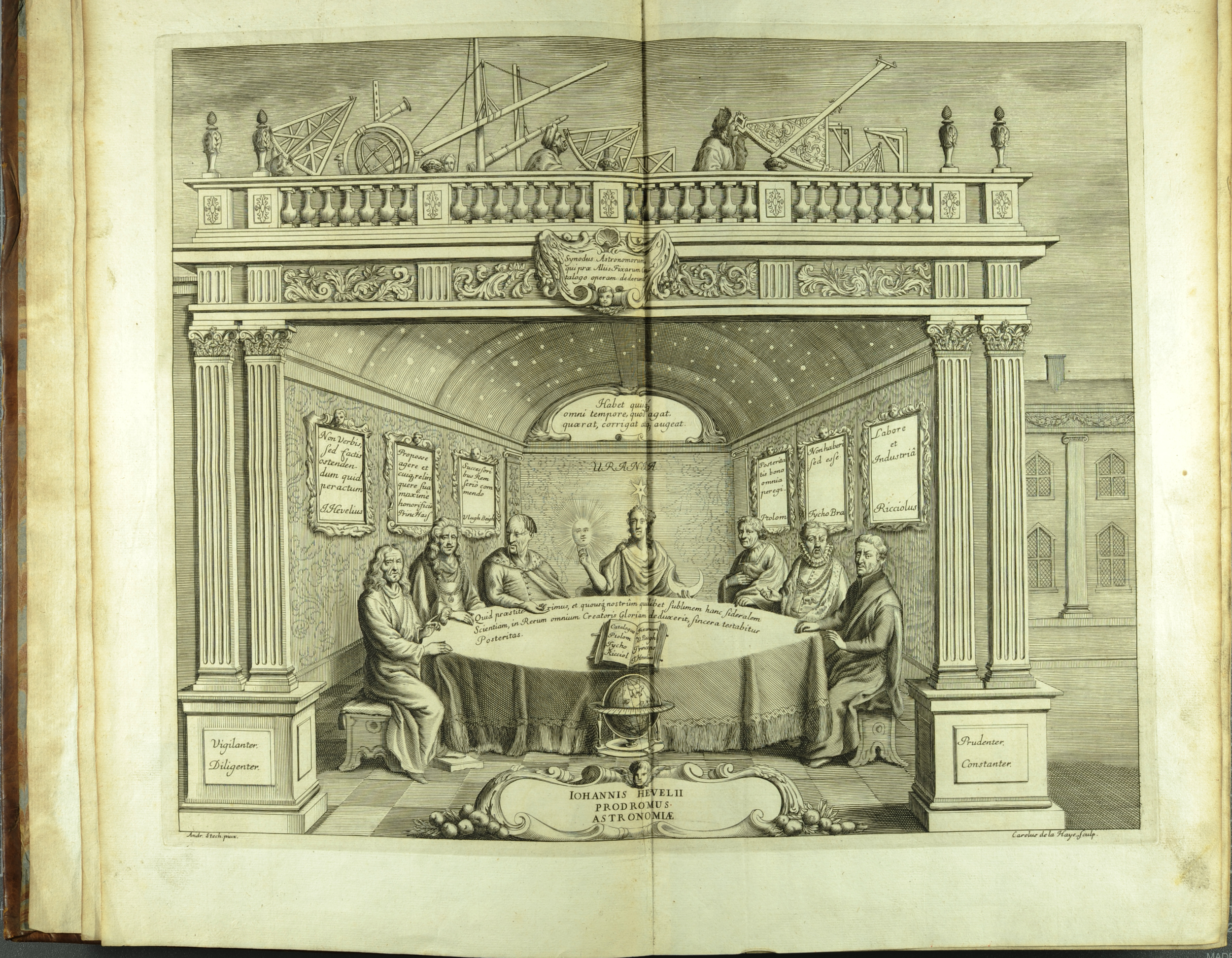 The added engraved title page of Prodromus astronomiae (1690) which places Hevelius at the same heavenly table as Ptolomy, Tycho Brahe and Urania (St Andrews copy at r17f QB41.H2).