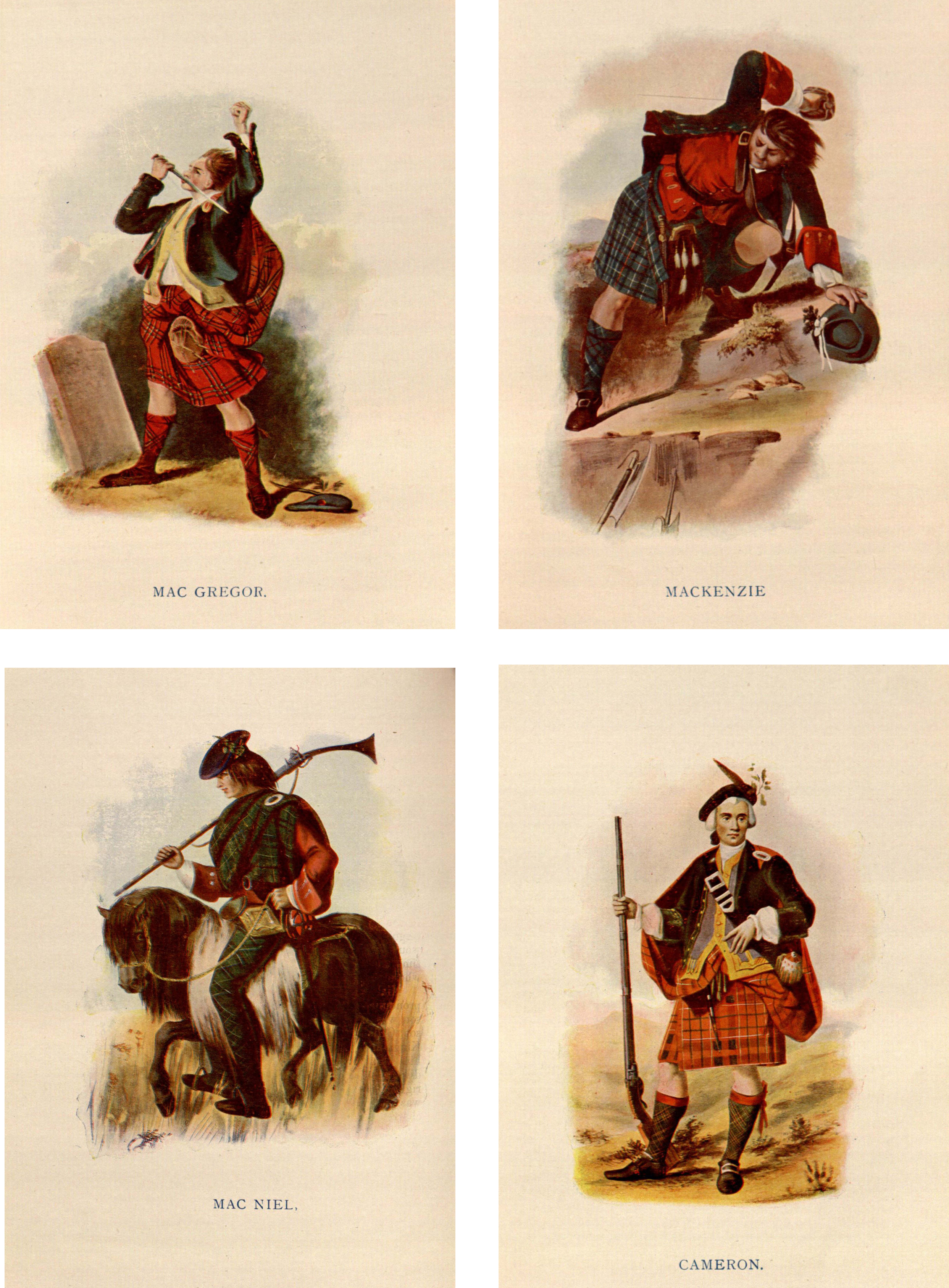 A selection of illustrations from The Clans of the Scottish Highlands, Illustrated by Appropriate Figures… by R.R. McIan Esq.  (London 1845)McG DA880.H76M3.  Not only do these romanticise and formalise the garb, but also attempt to characterise (or caricature?) the behaviour of the clanspeople.