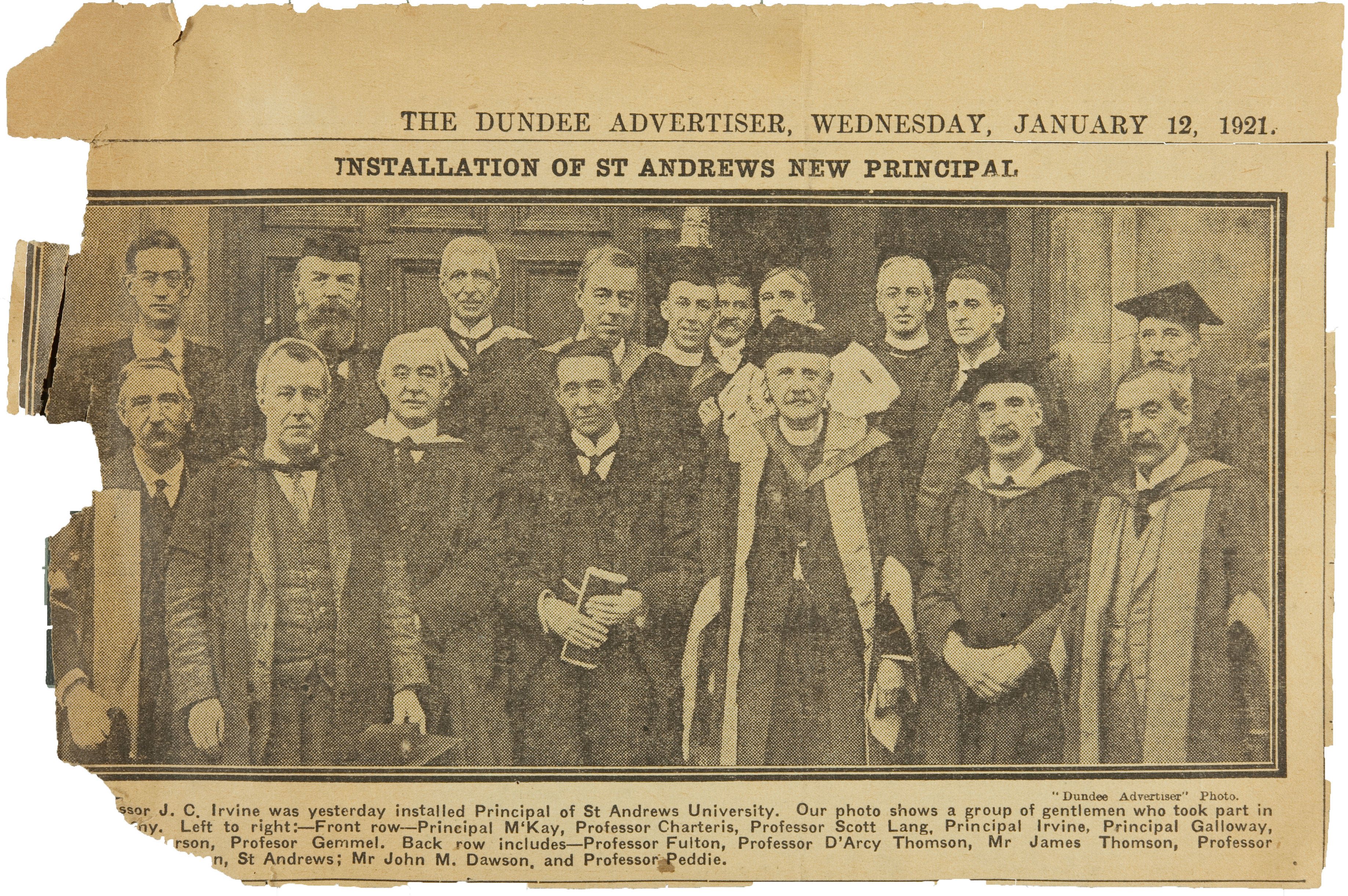 Photograph of clipping from The Dundee Advertiser, dated 12 January 1921 (UYUY250/Irvine2)