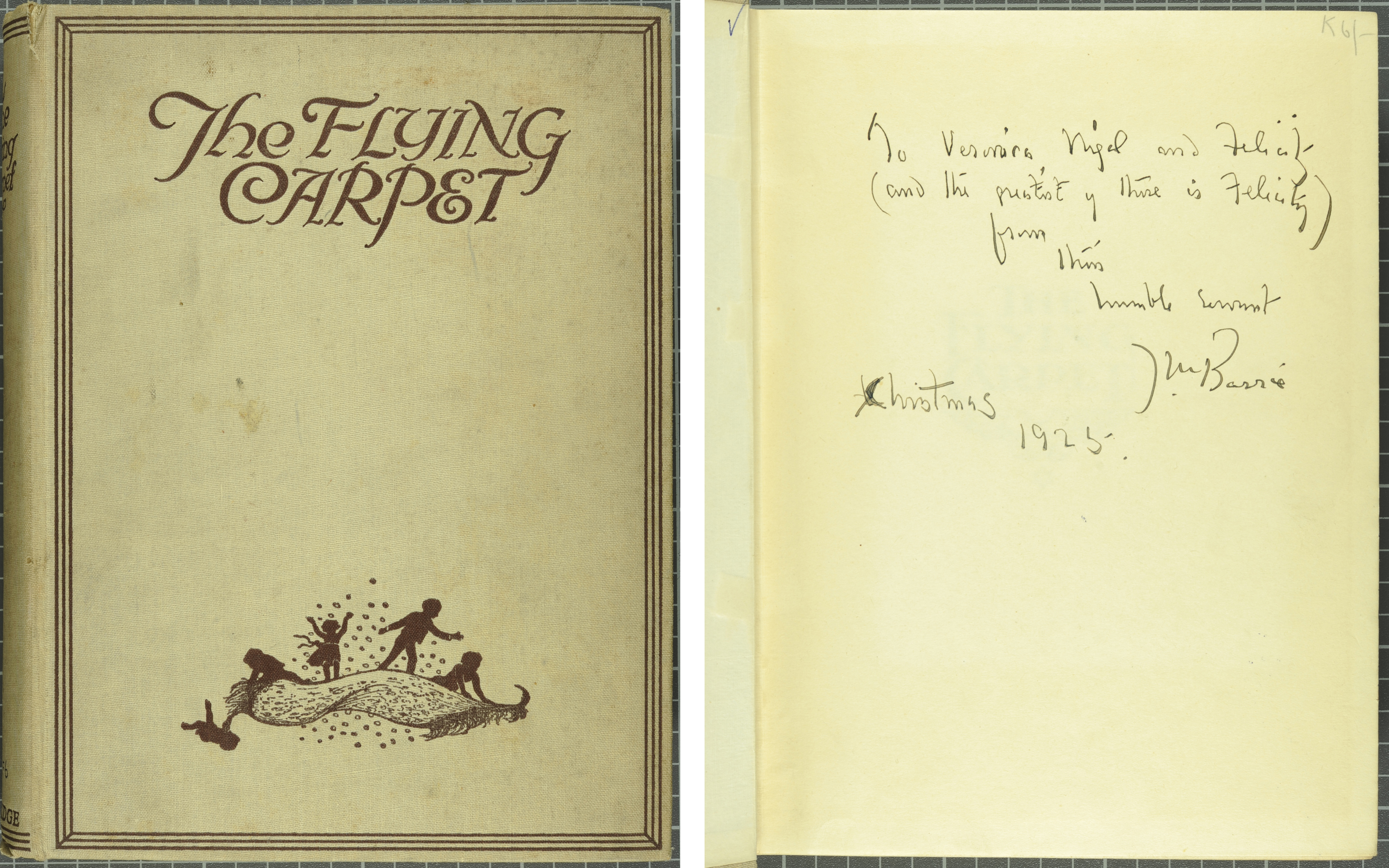 Front cover of the Flying Carpet (1925) and the inscription from J.M. Barrie on the front fly-leaf (St Andrews copy at Chi PZ7.A843F6)  