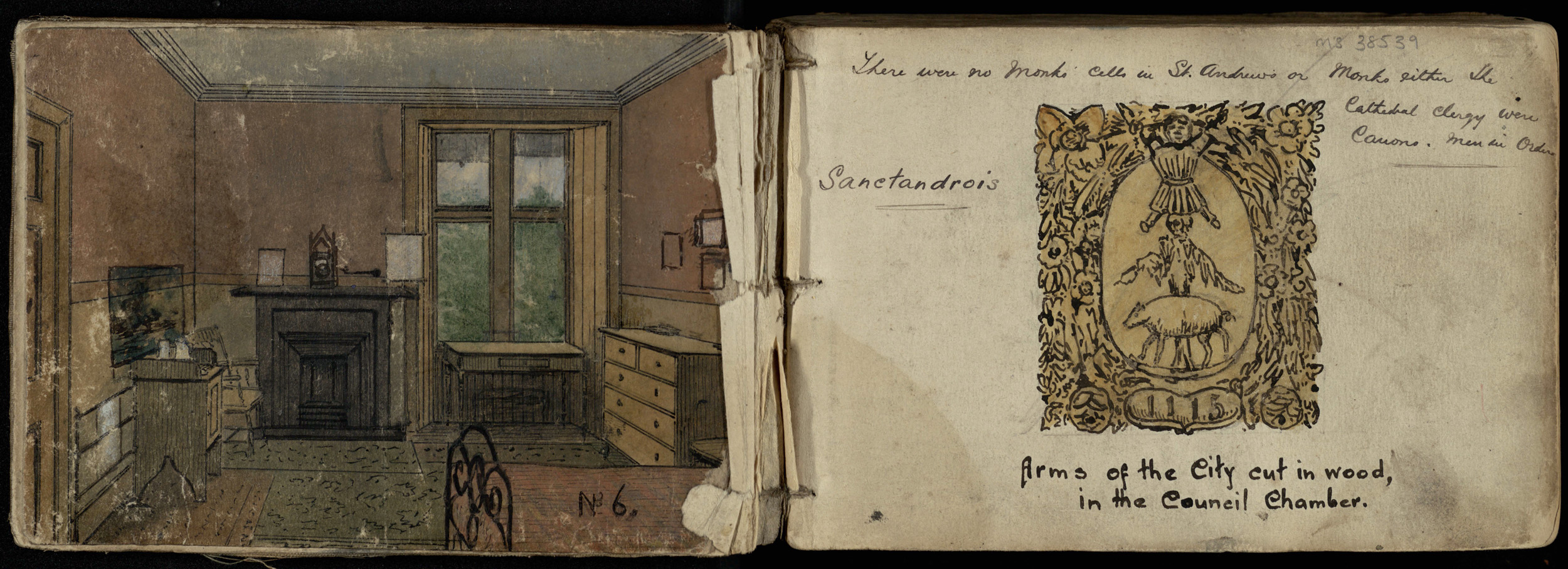From the sketchbook of John N. Bonthron, depicting his bedroom on South Street and a sketch of the coat of arms of St Andrews found in the City Council Chambers (ms38539)