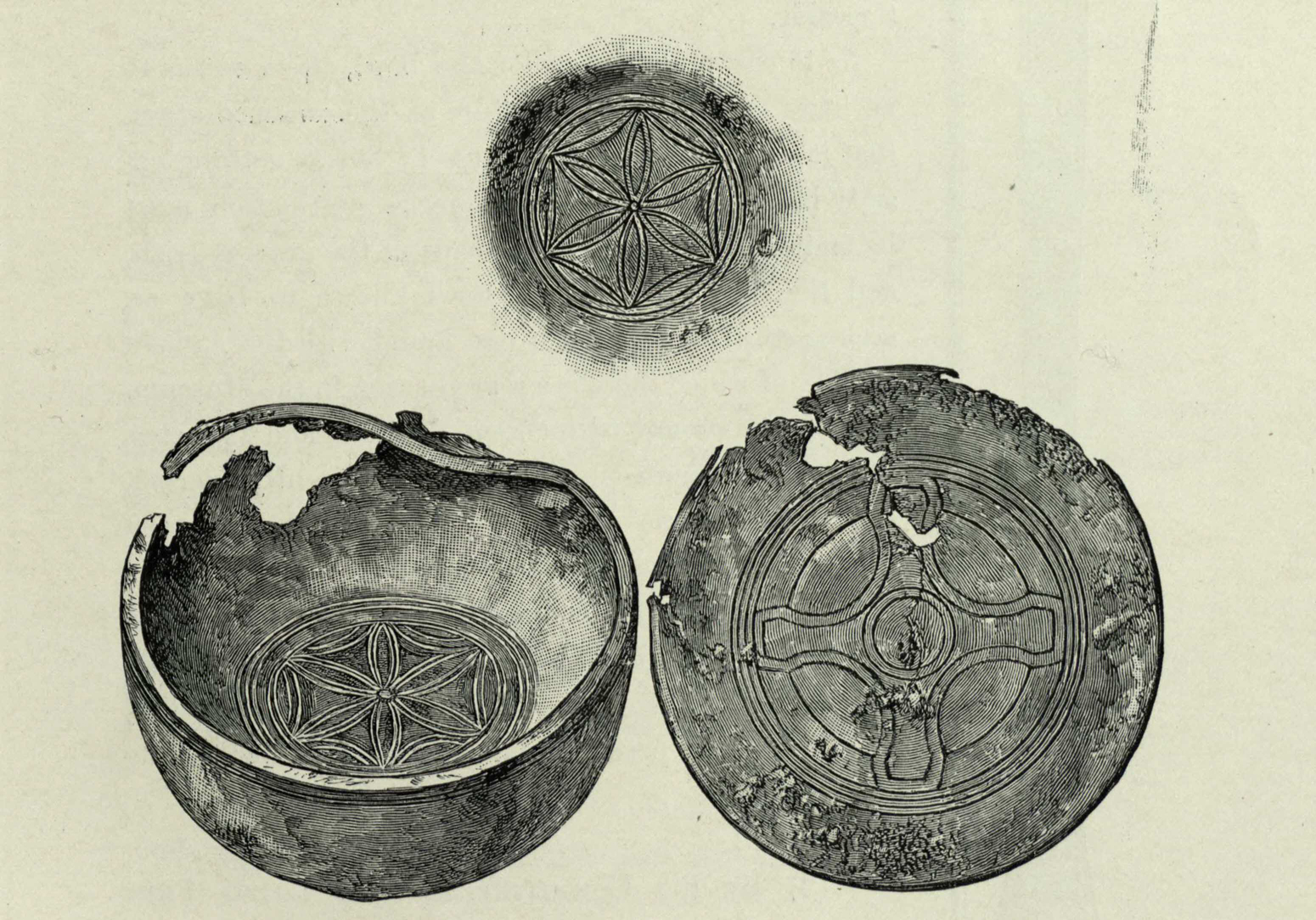 Sketch of the bronze bowl; the upper figure shows the ornament on the exterior of the bottom on the bowl. From the Proceedings of the Society of Antiquaries of Scotland, v.33, p.77 (St Andrews copy at rper DA750.S7P8).