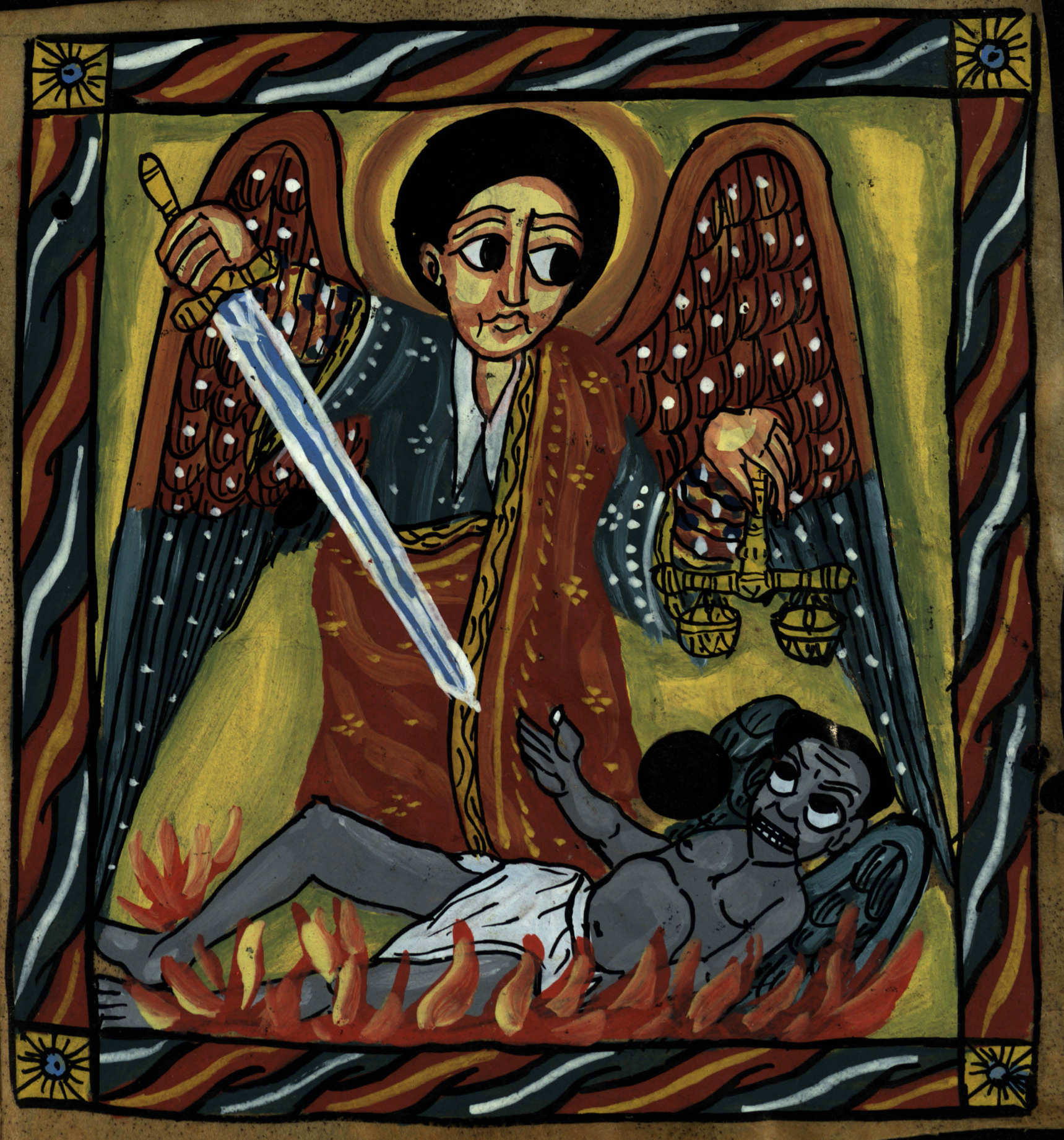 An illustration of Archangel Michael defeating the Devil from an 18th century Ethiopian psalter (St Andrews ms38900)
