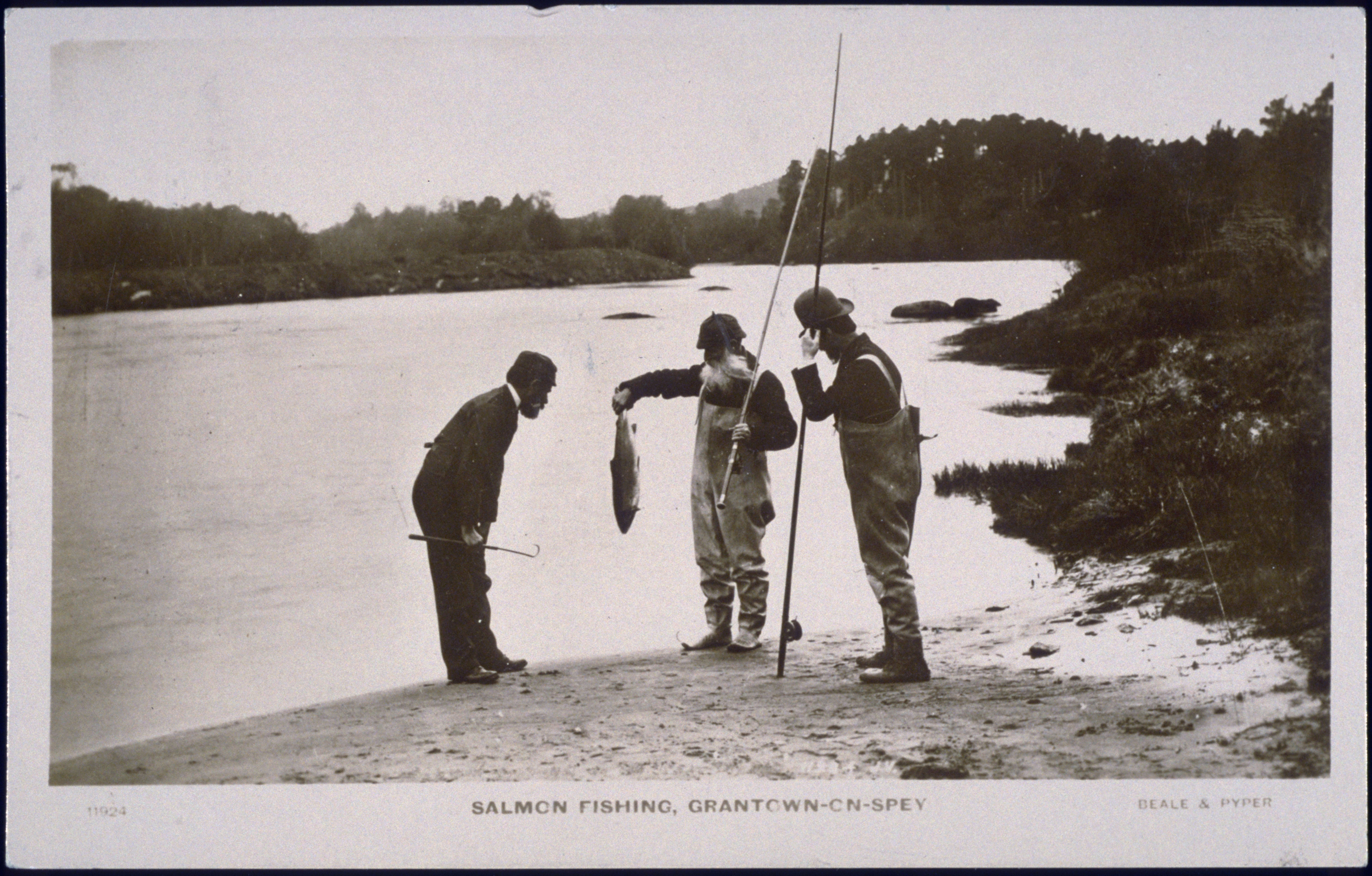 Salmon Fishing, Grantown on Spey, 1890. J. Valentine & Co.Medium: Real Photo (Gelatin Silver Print). St Andrews copy at JV-11924-B