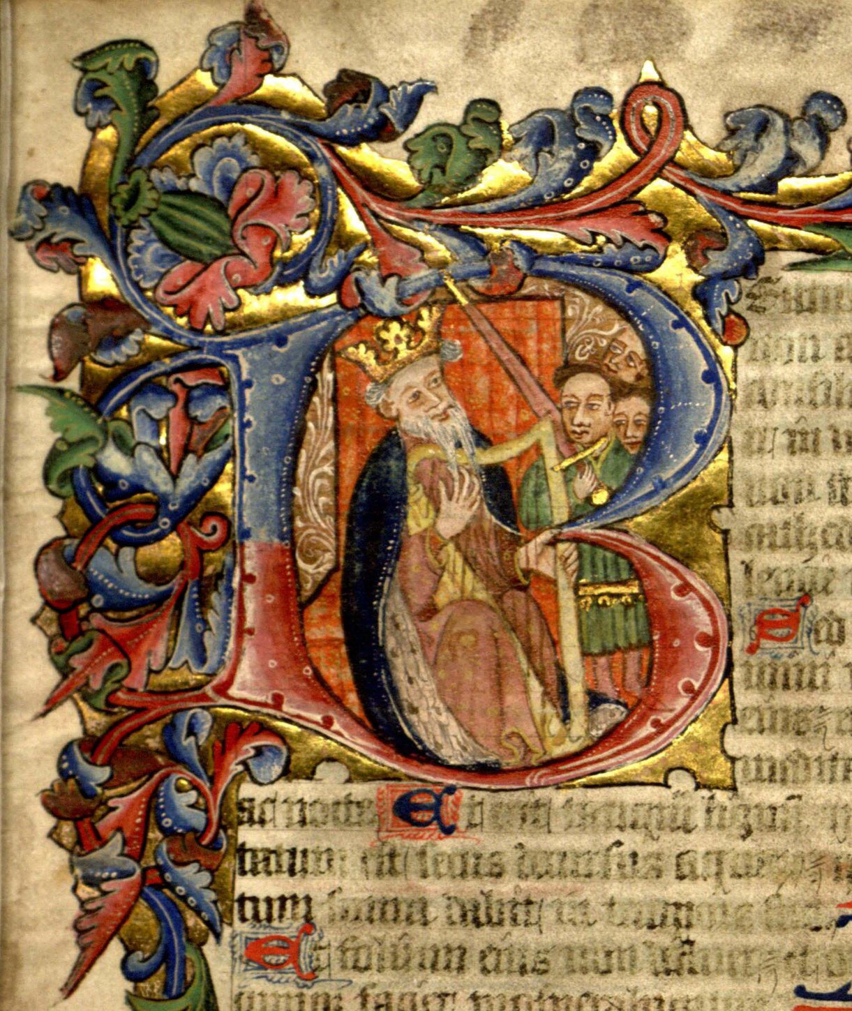 An illuminated initial of King David from a 15th century English psalter (St Andrews msBX2033.A00).