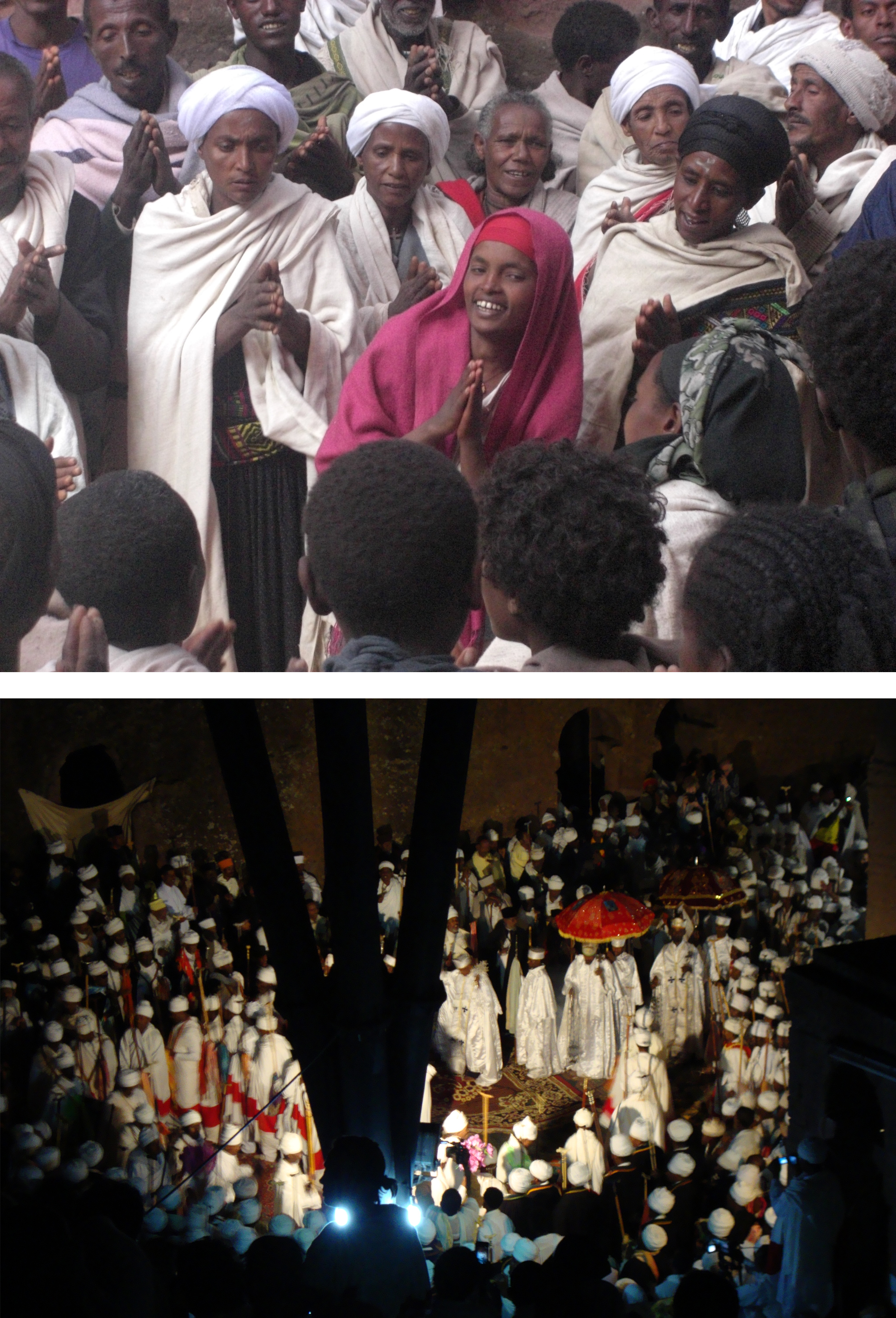 Pilgrims giving thanks for their safe arrival in Lalibela (above); Priests celebrating Christmas mass (below). Photographs by Maia Sheridan, January 2013.
