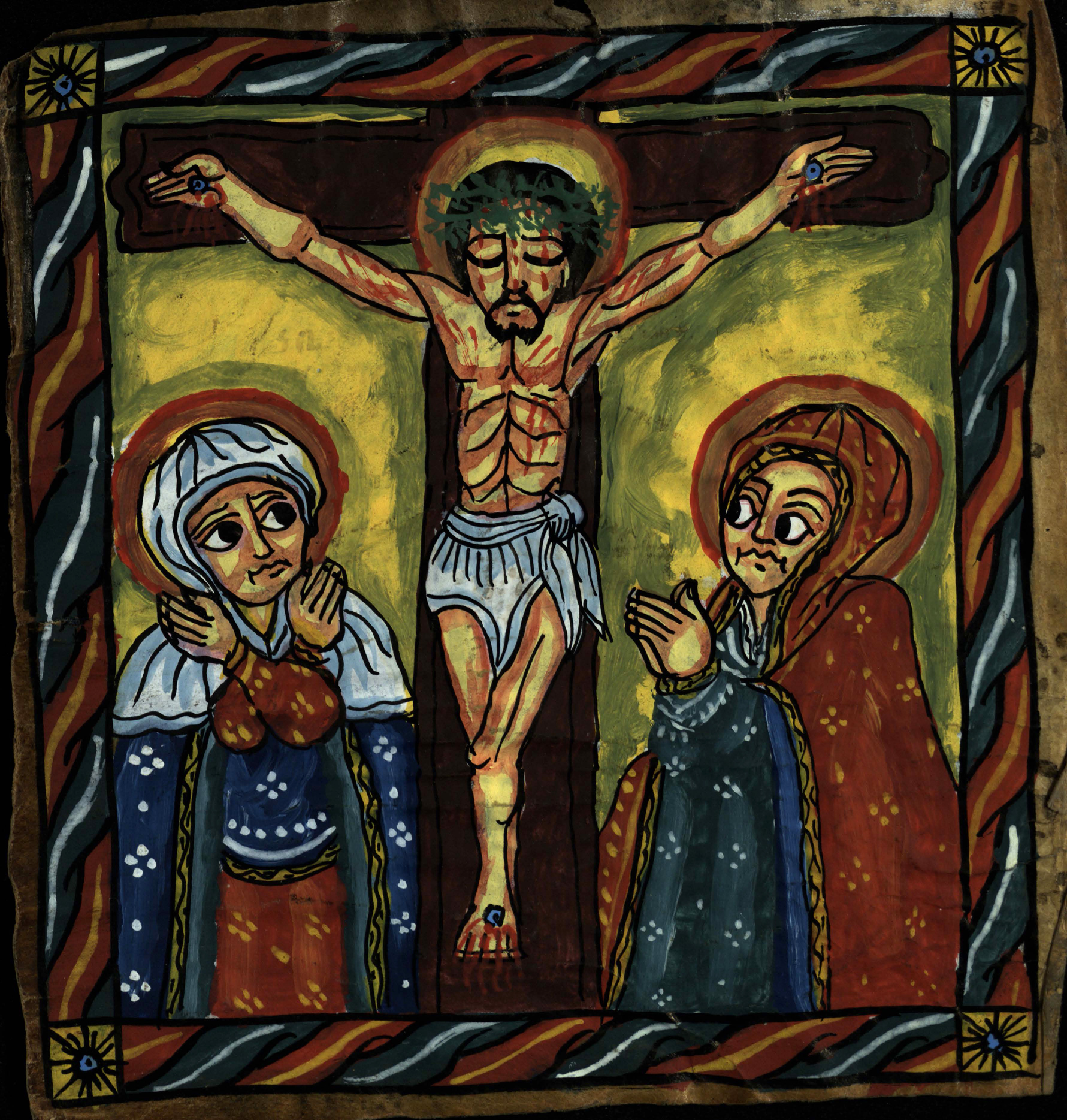 An illustration of the Crucifixion with Mary and probably Mary Magdalene from an 18th century Ethiopian psalter (St Andrews ms38900)