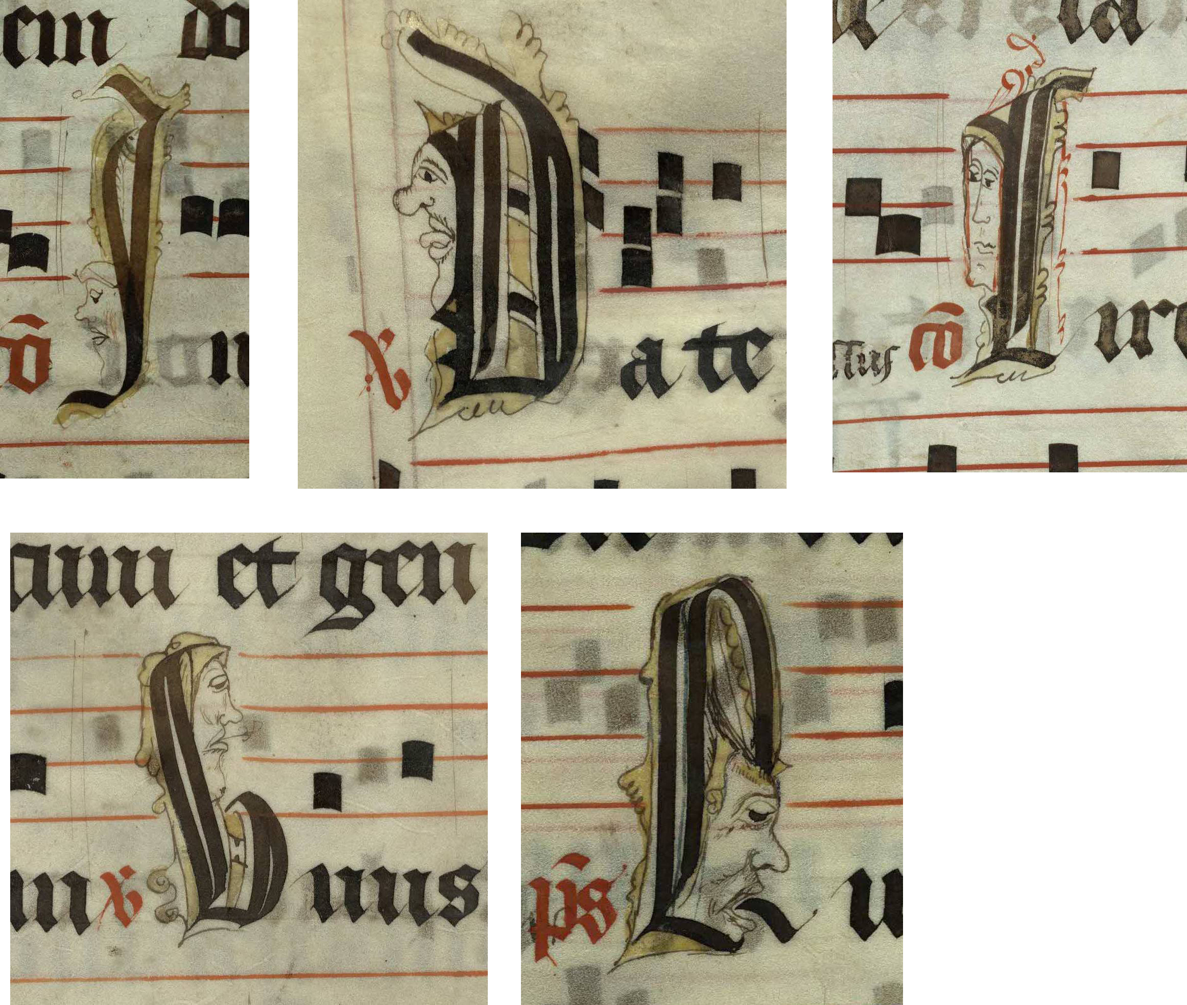 Pen decorated initials 'I', 'D', 'C', 'V' and 'L' all with faces and one with a fish! (left to right, top and bottom: p. 75, p. 204, p. 280, p. 162 and p. 132) from a 15th century Gradual (St Andrews msM2148.G7)