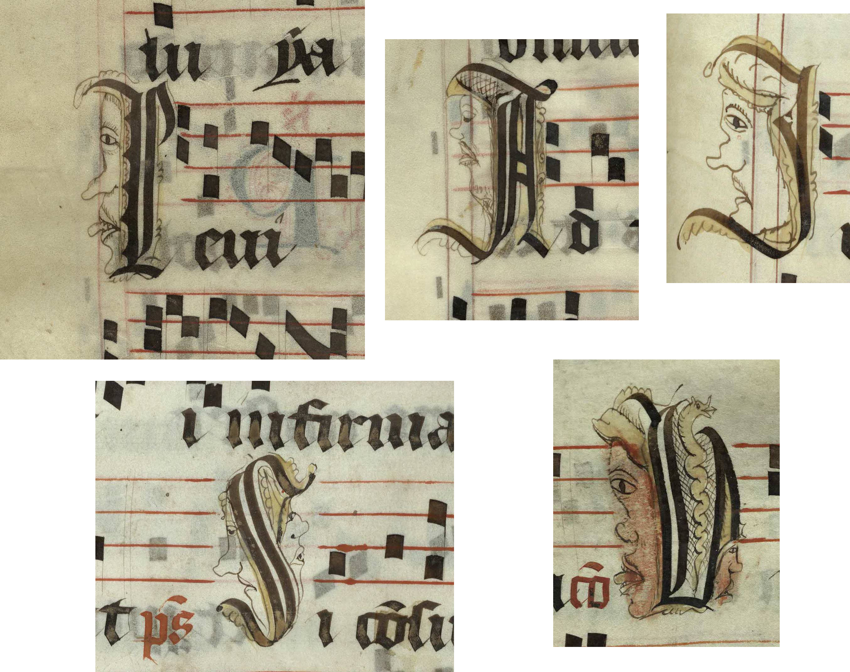 Pen decorated initials 'I', 'A', 'I', 'S' and 'V' with faces and animals (left to right, top and bottom: p. 386, p. 146, p. 445, p. 271 and p. 345) from a 15th century Gradual (St Andrews msM2148.G7) 