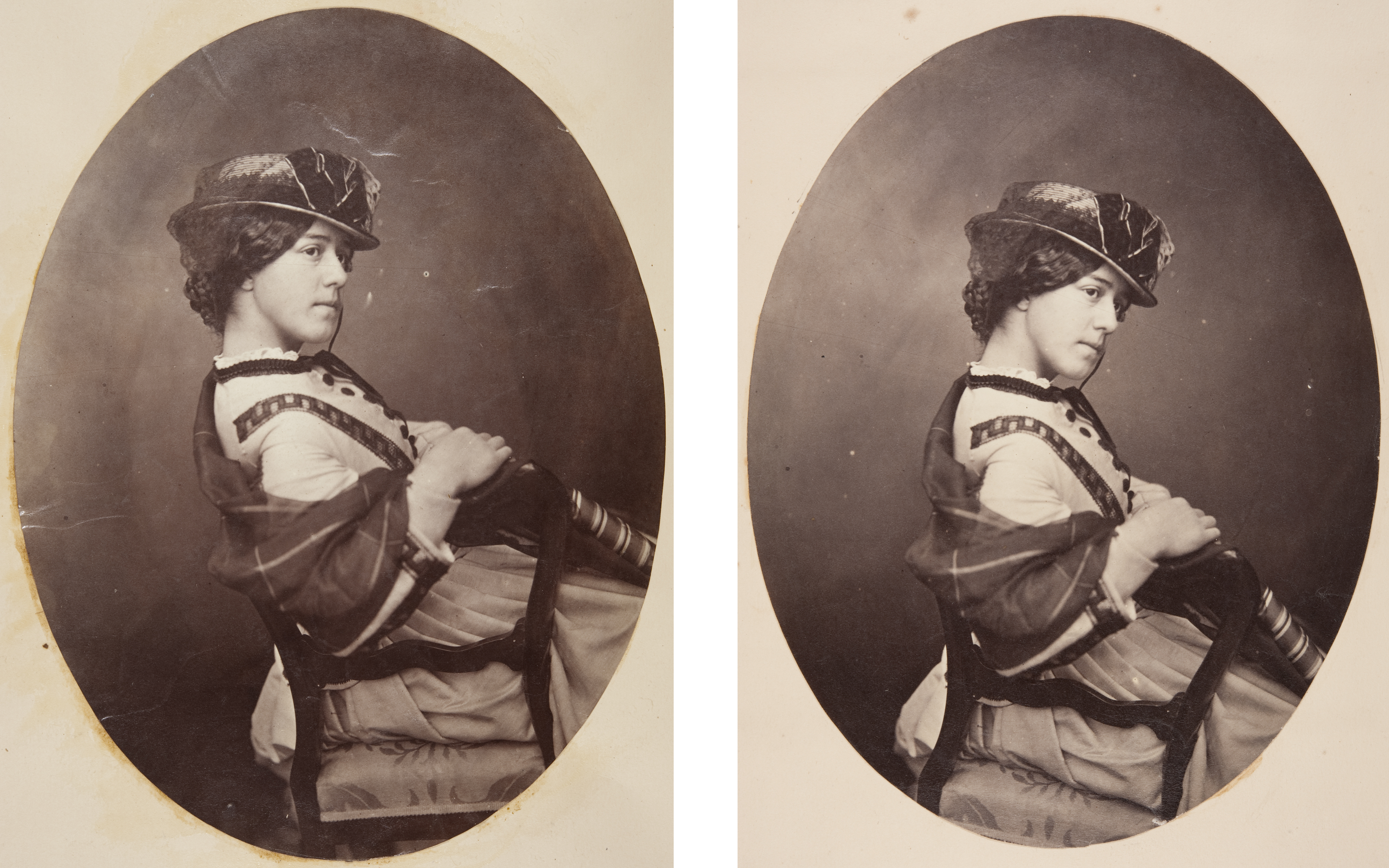 An 1860’s photograph of an unidentified woman, framed differently in two different albums, by Dr John Adamson, circa 1865. (St Andrews ALB-8-32 (left) and ALB-13-15)