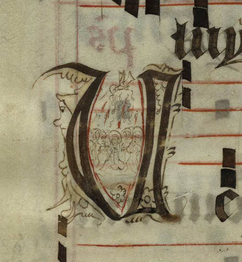 Pen decorated initial 'V' with 11 apostles receiving the Holy Spirit from p. 254 of a 15th century Gradual (St Andrews msM2148.G7)