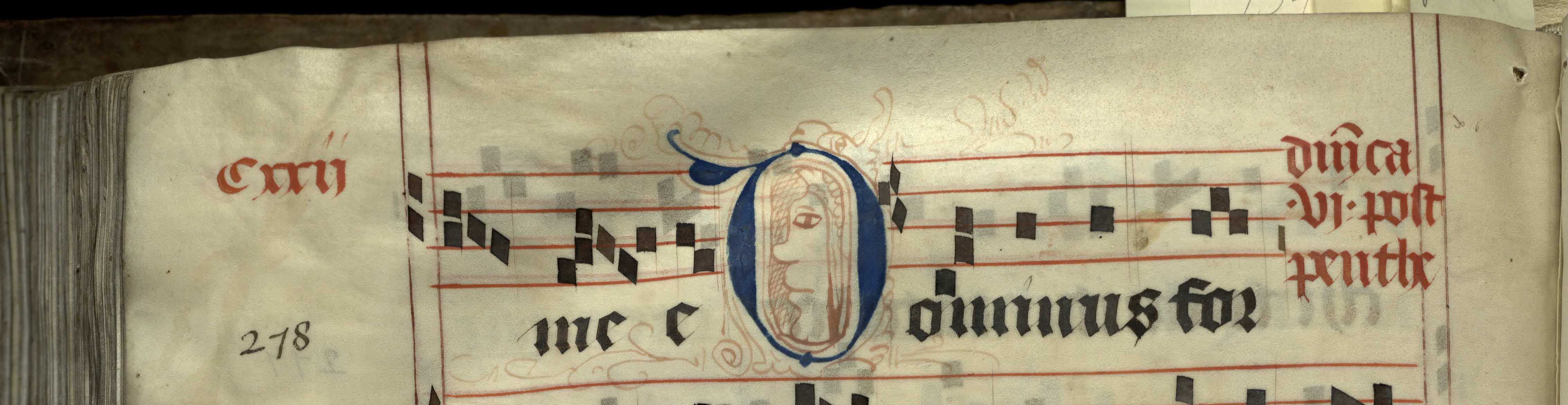 Pen decorated initial 'D' with face from p. 278 of a 15th century Gradual (St Andrews msM2148.G7)