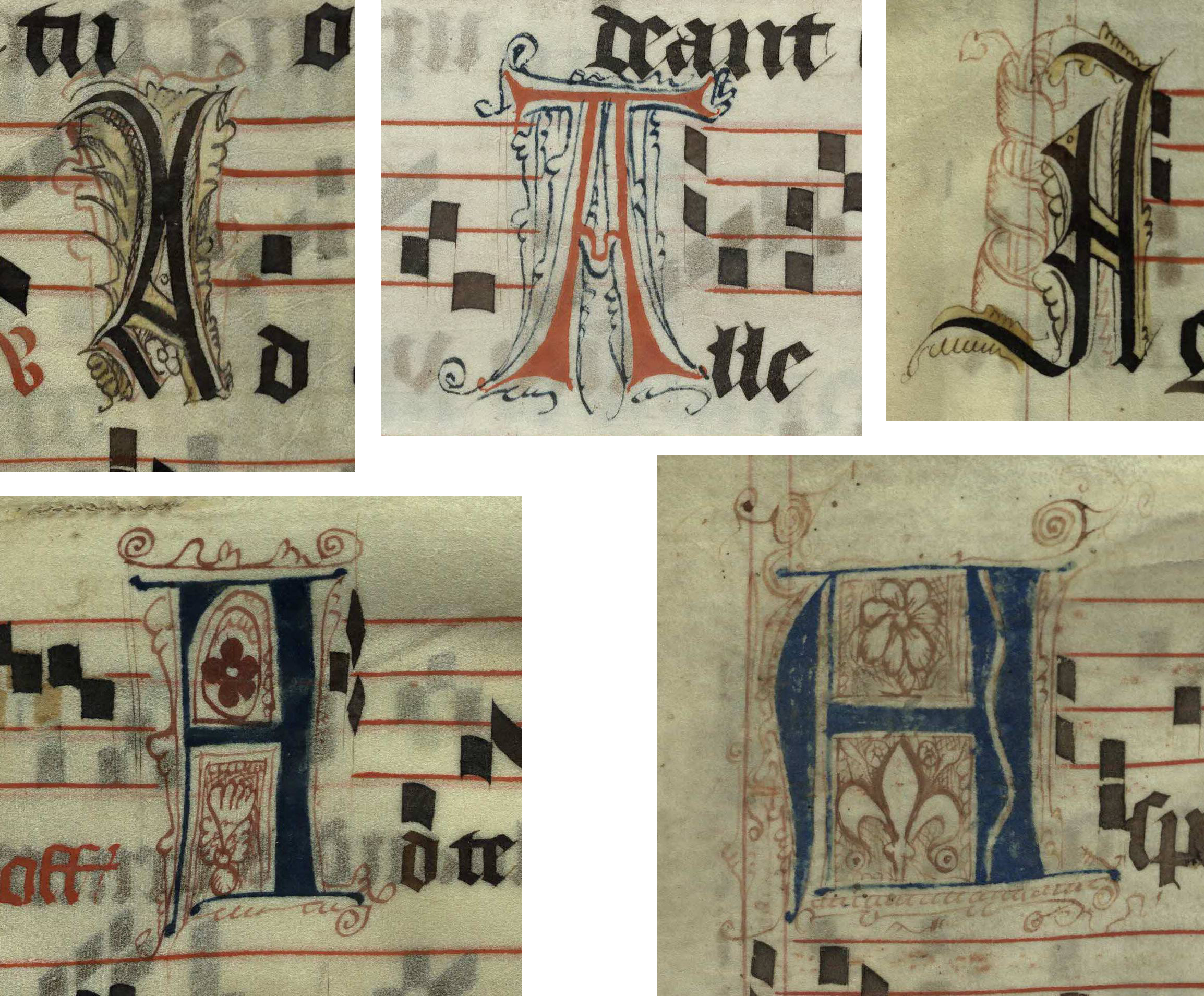 Five pen decorated initial A's (left to right, top: p. 309, 292, 11; bottom: p. 59, p. 53) from a 15h century Gradual (St Andrews msM2148.G7)  