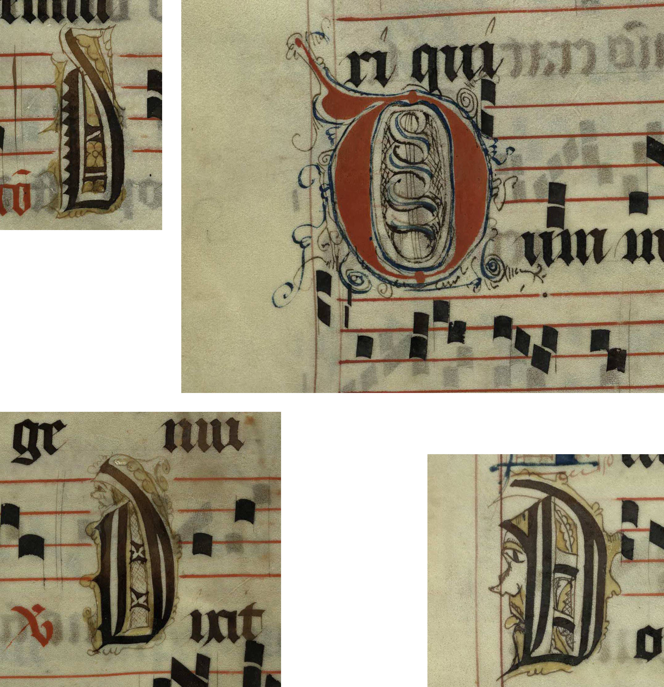 Pen decorated initial 'D's (left to right, top and bottom: p. 65, p. 90, p. 73 and p. 107) from a 15th century Gradual (St Andrews msM2148.G7)