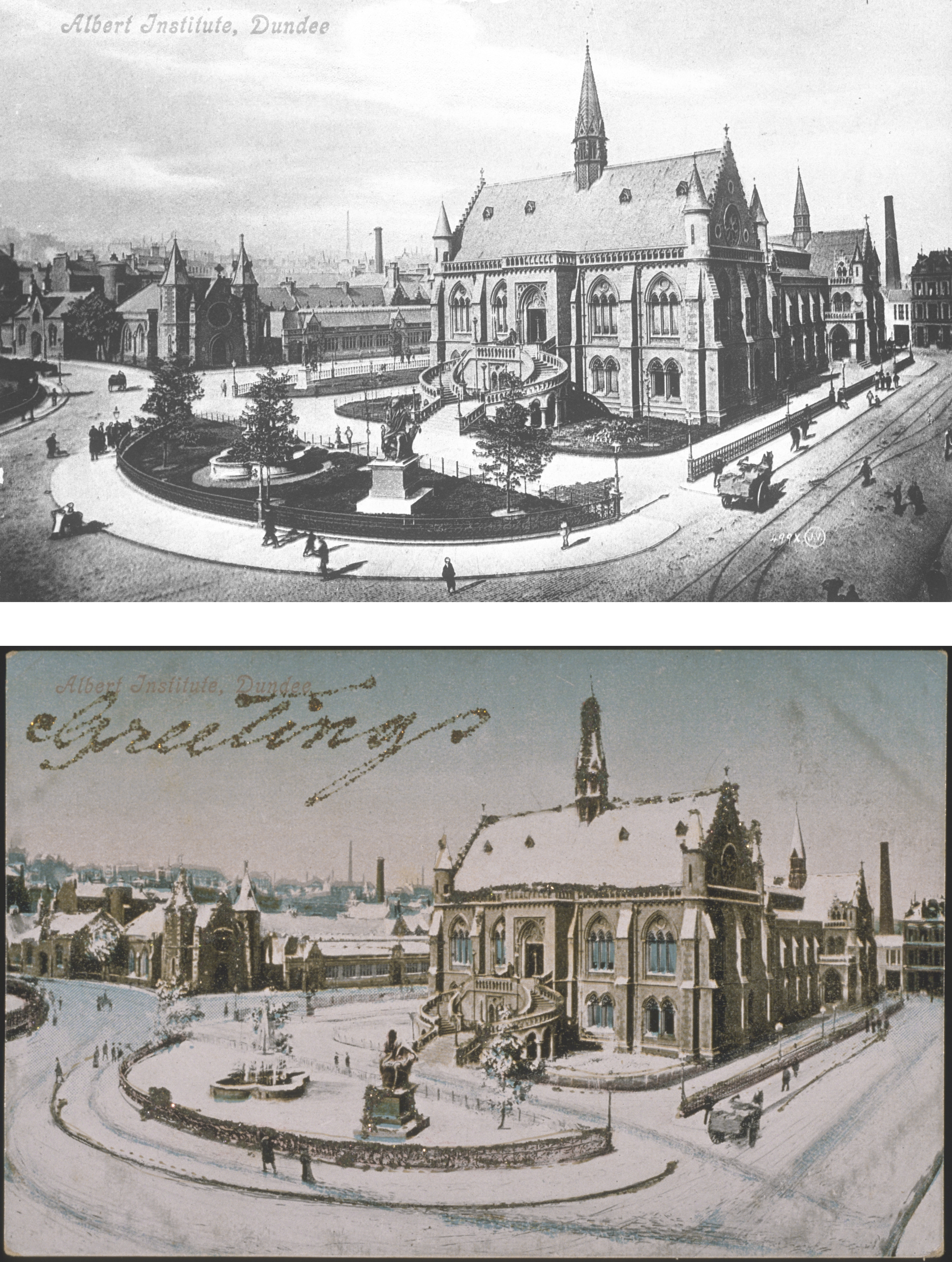 “Albert Institute, Dundee” by J. Valentine & Co., 1880 (above, St Andrews JV-499X) and “Albert Institute, Dundee” by J. Valentine & Co., 1892 (below, St Andrews JV-17199)
