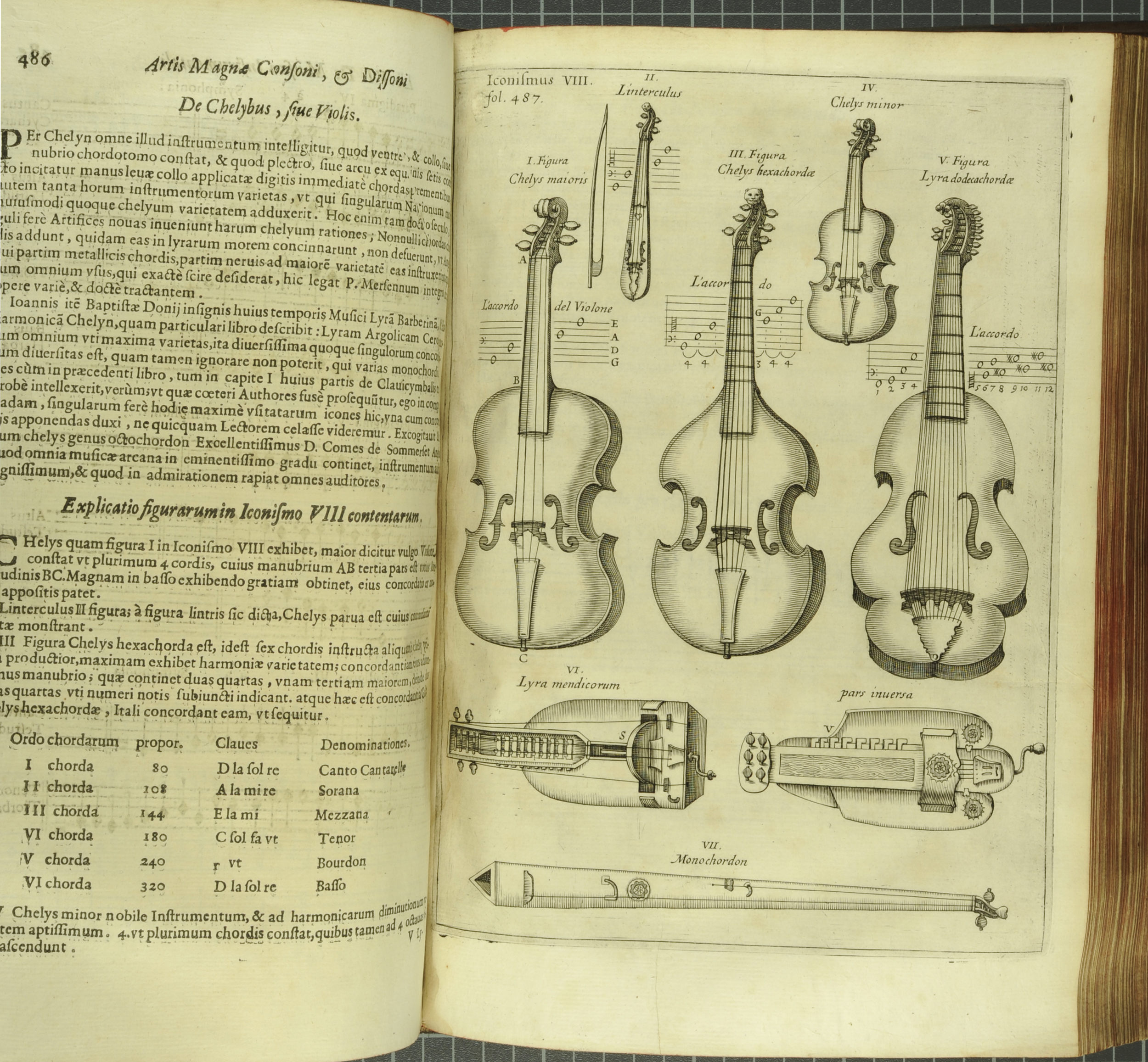 Descriptions and illustrations of various cellos and other stringed instruments from Kircher's Musurgia Universalis (St Andrews copy r17f ML3805.K5M8)