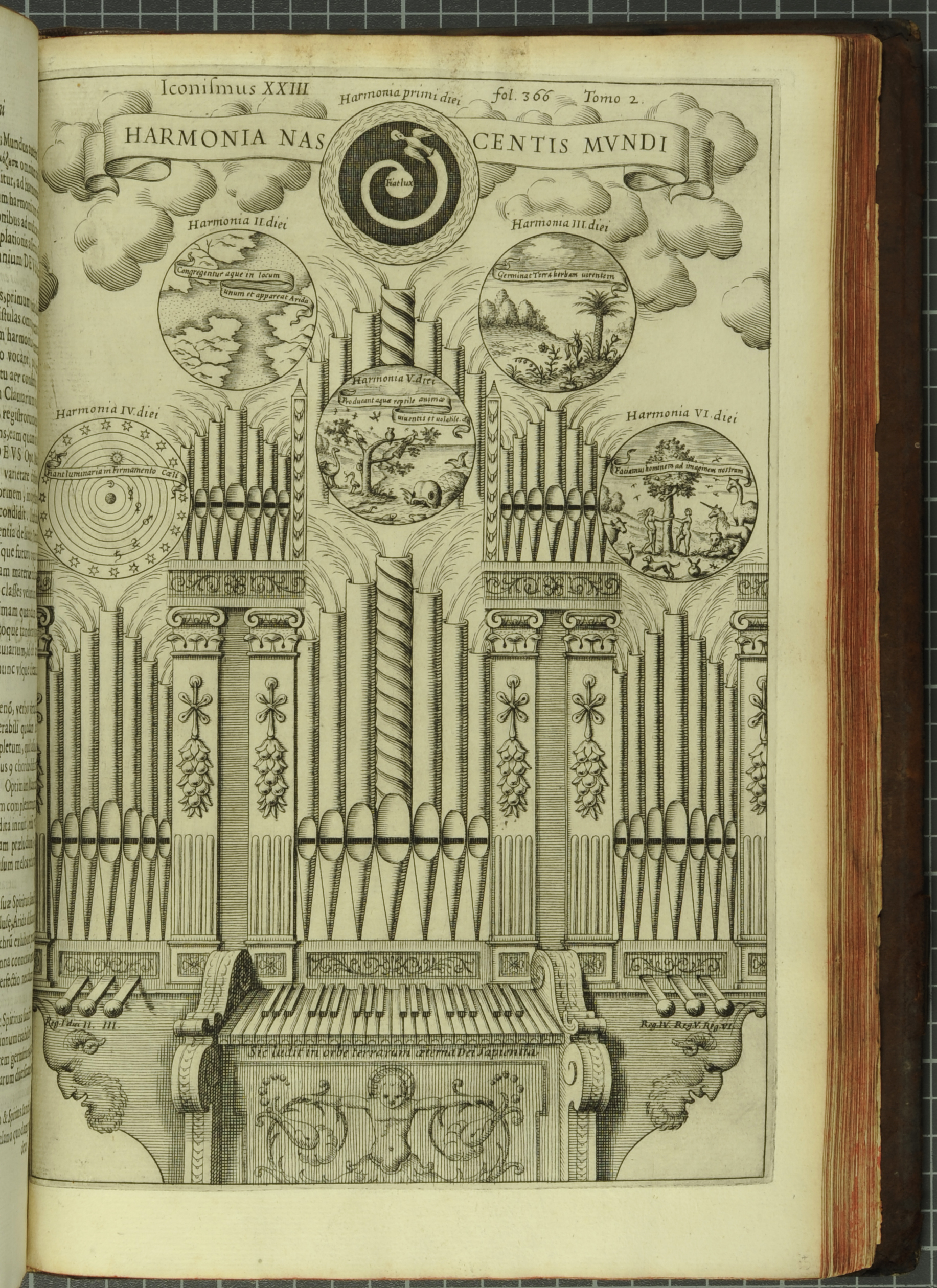 A depiction of Kircher's ideal of musical harmony: 'The Harmony of the Birth of the World' (Harmonia Nascentis Mundi), represented by a cosmic organ with six registers corresponding to the days of creation. The legend "Sic ludit in orbe terrarum aeterna Dei Sapientia"  (thus plays the wisdom of the everlasting God in the earthly orb) appears under the keyboard. (St Andrews copy r17f ML3805.K5M8)