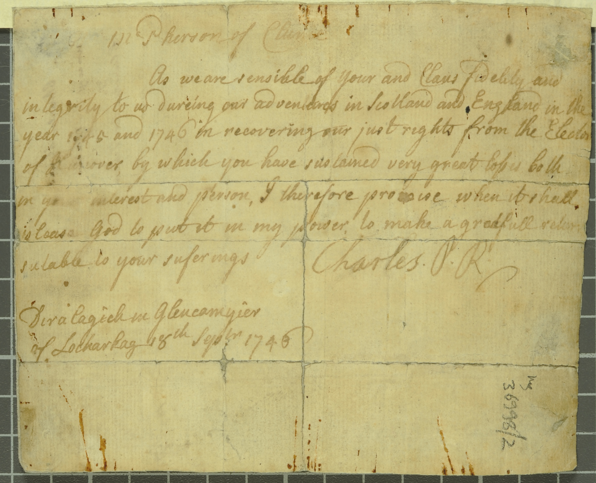 Forged note from Charles Edward Stuart, the Young Pretender, to Euan McPherson of Clunie, 18 September 1746 (St Andrews ms36998/2)