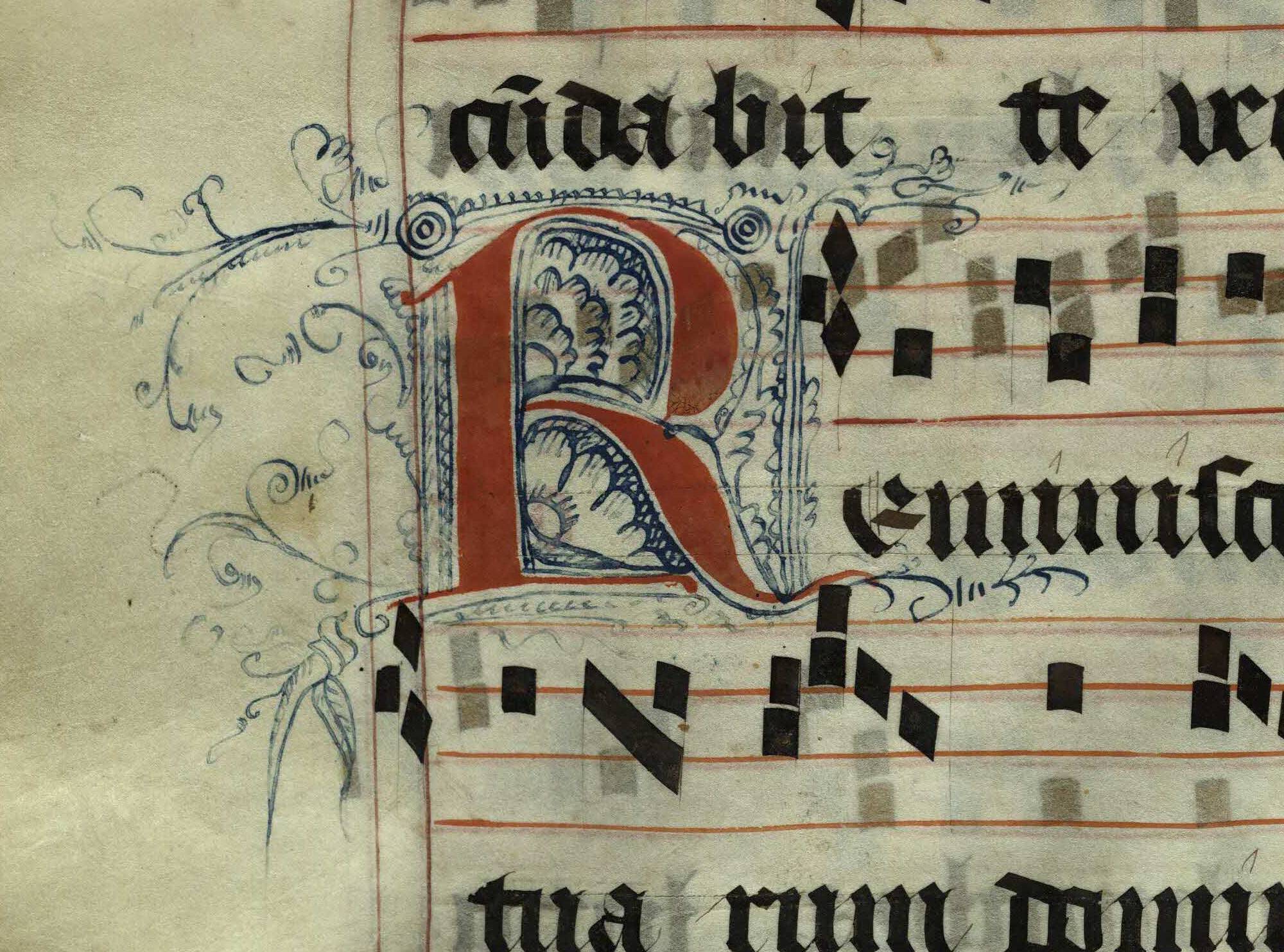 Pen decorated initial 'R' from p. 140 of a 15th century Gradual (St Andrews msM2148.G7)
