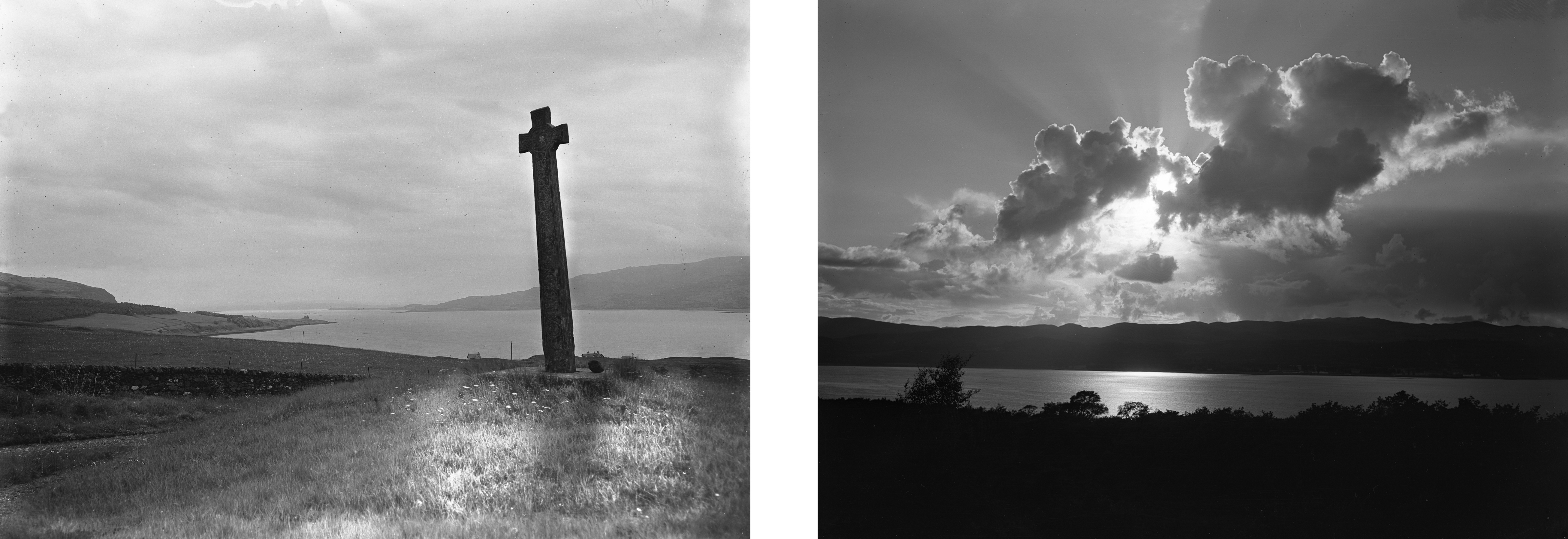 “Celtic cross, Fiunary, Morvern” by Robert Moyes Adam, 1919 (left, St Andrews RMA-H-750) and “Sunset over hills, Inveraray” by Robert Moyes Adam, 1915 (right, St Andrews RMA-H-469)