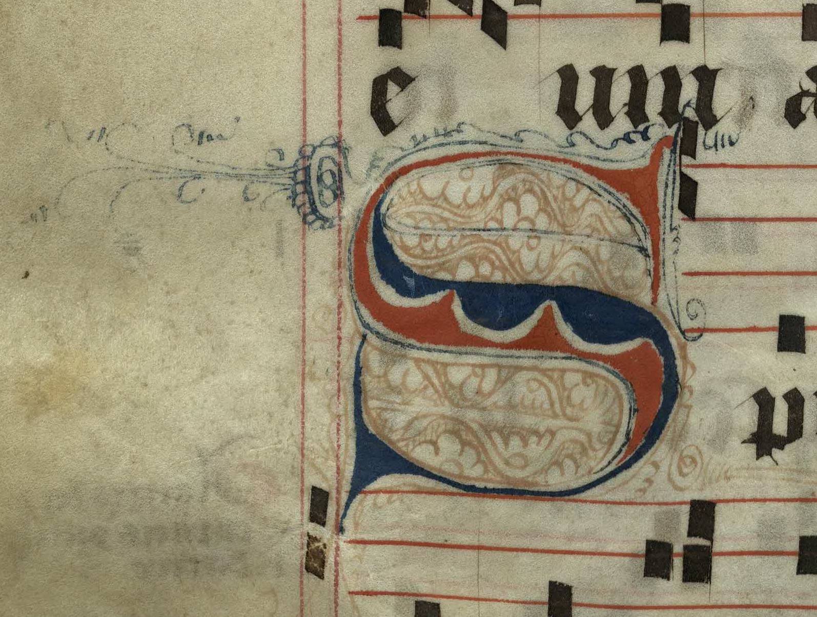 Pen decorated initial 'S' from p. 252 of a 15th century Gradual (St Andrews msM2148.G7)