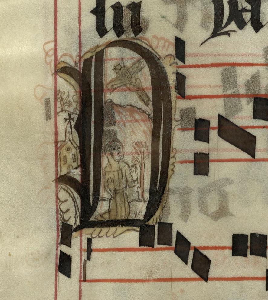 Pen decorated initial 'O' with St Francis and winged Christ from p. 402 of a 15th century Gradual (St Andrews msM2148.G7)