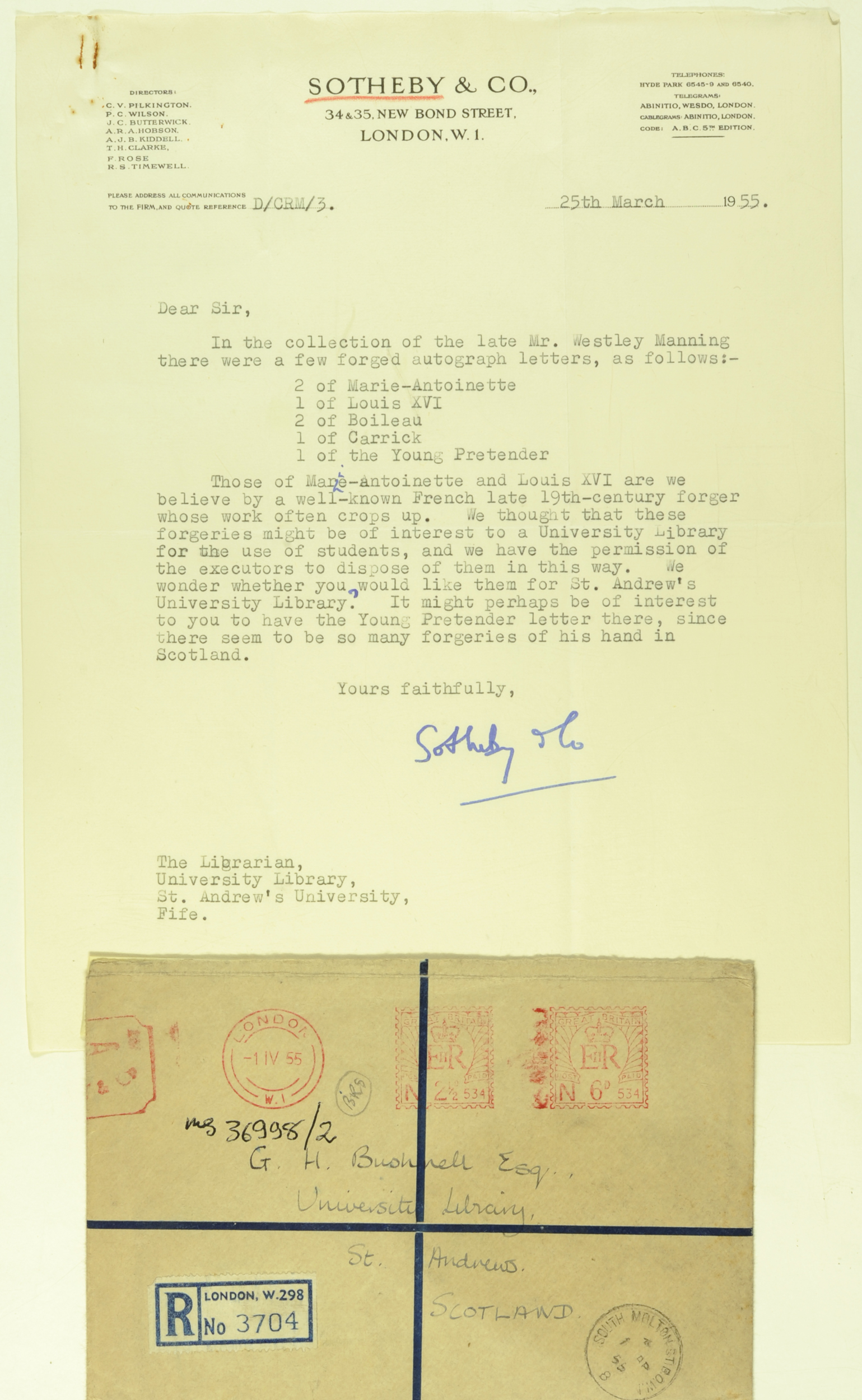 Letter from Sotheby’s to University Librarian, postmarked 1 April 1955 (St Andrews UYLY/LibCorrs/1954-5S)