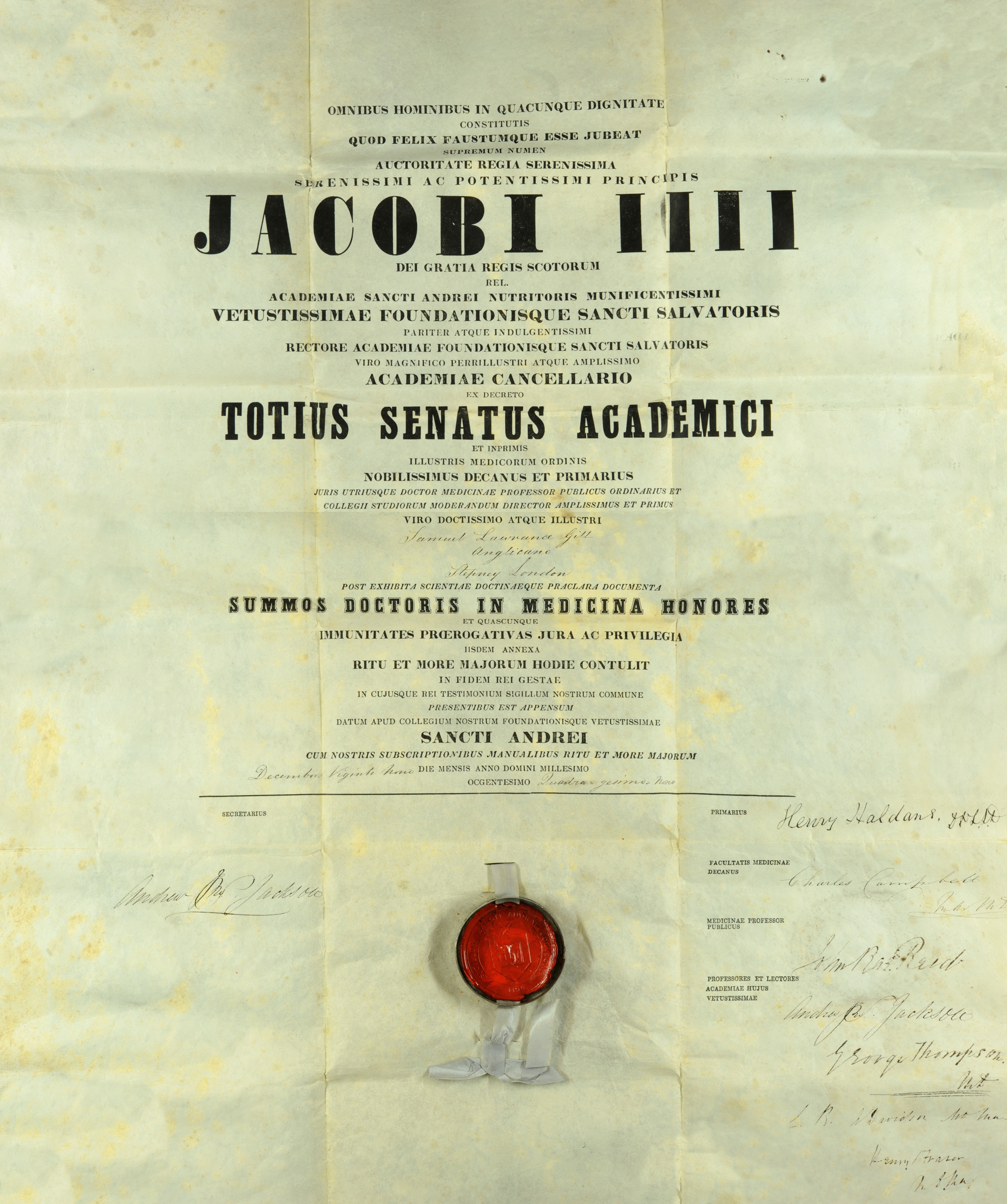Spurious MD diploma of Samuel Laurence Gill, 1852 (St Andrews UYUY348/D/2)