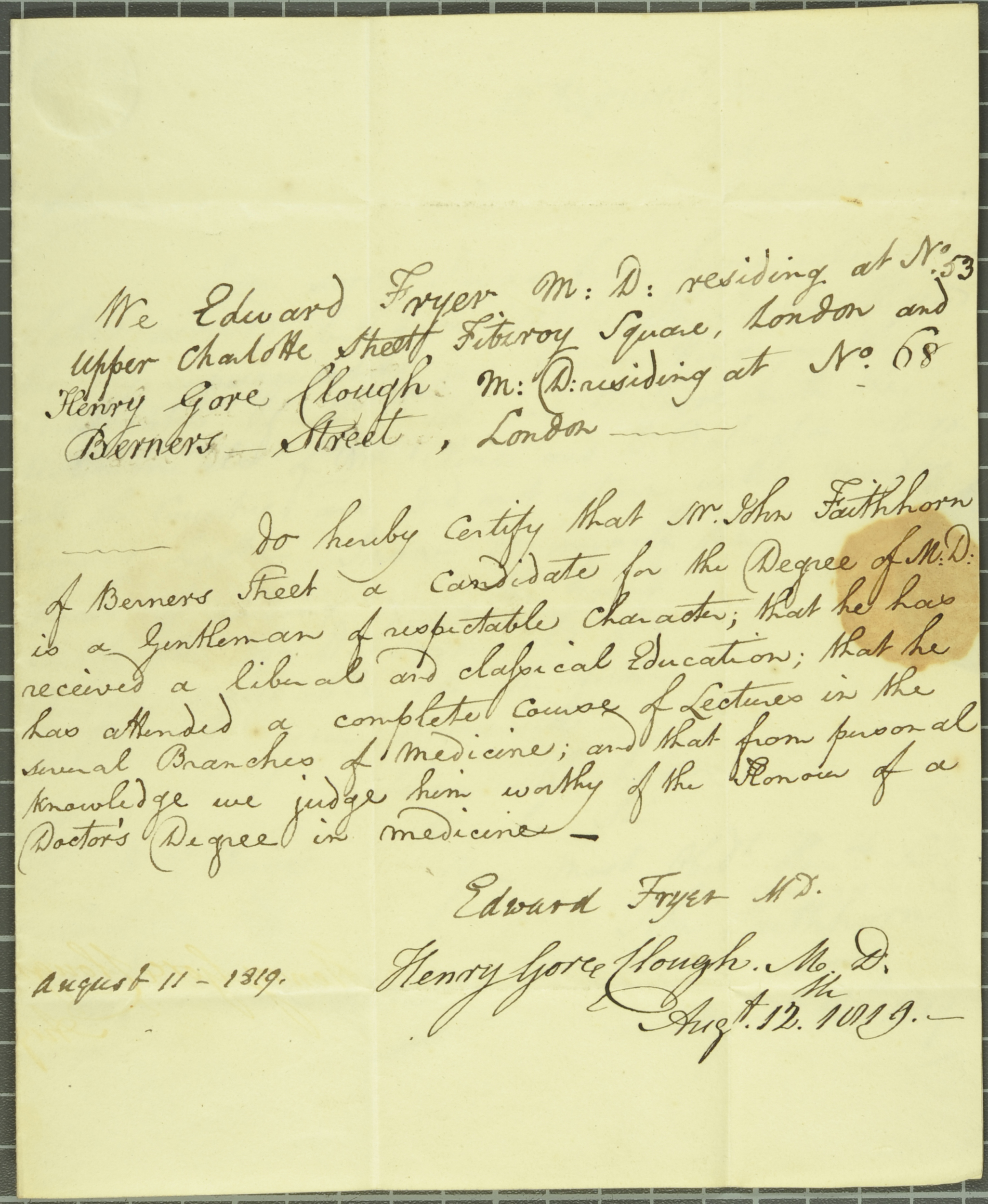Testimonials in support of application of John Faithorne for MD, 1819