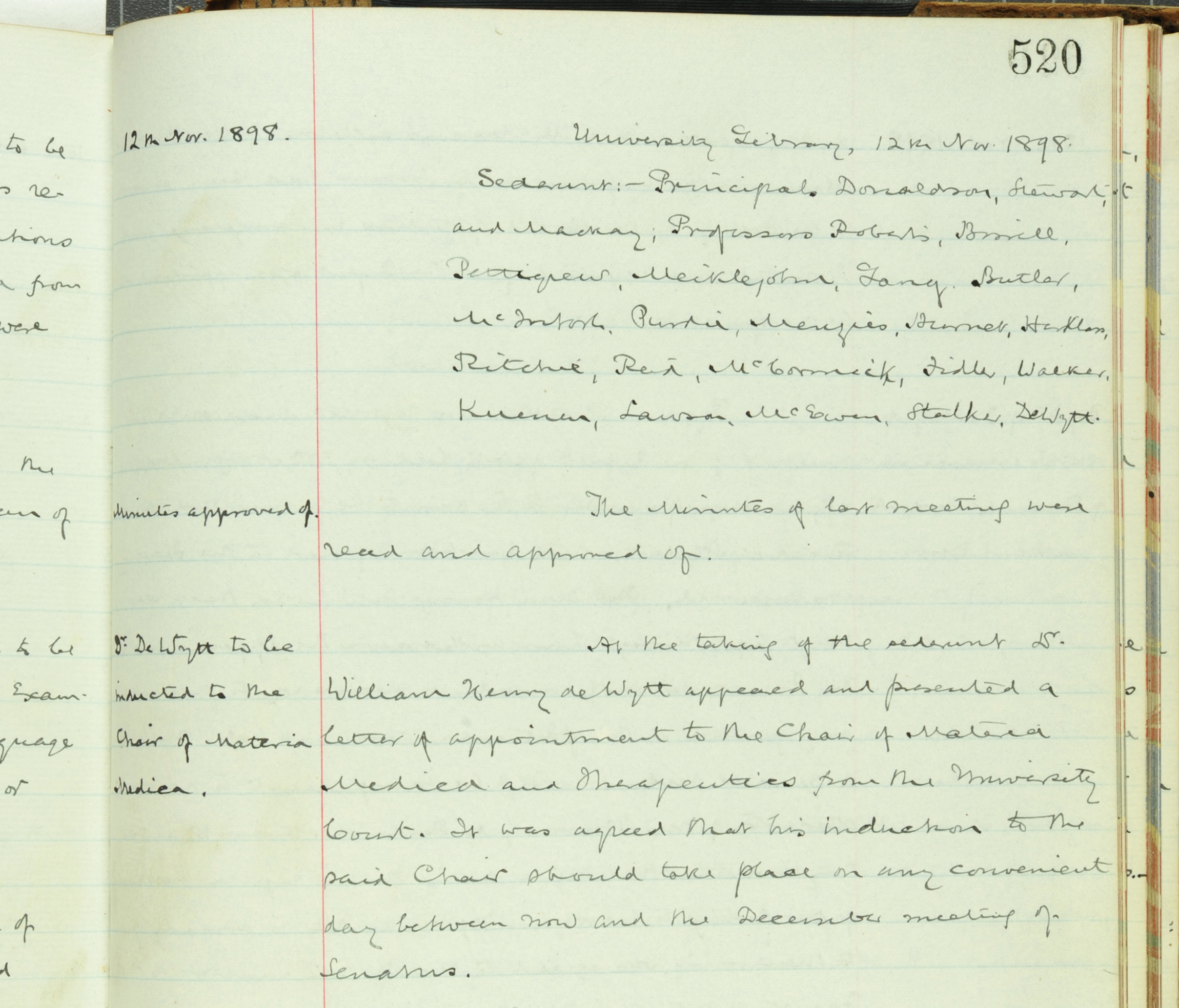 Minute of the Senatus Academicus recording appointment of de Wytt as a professor, 1898 (St Andrews UYUY452/17/520)