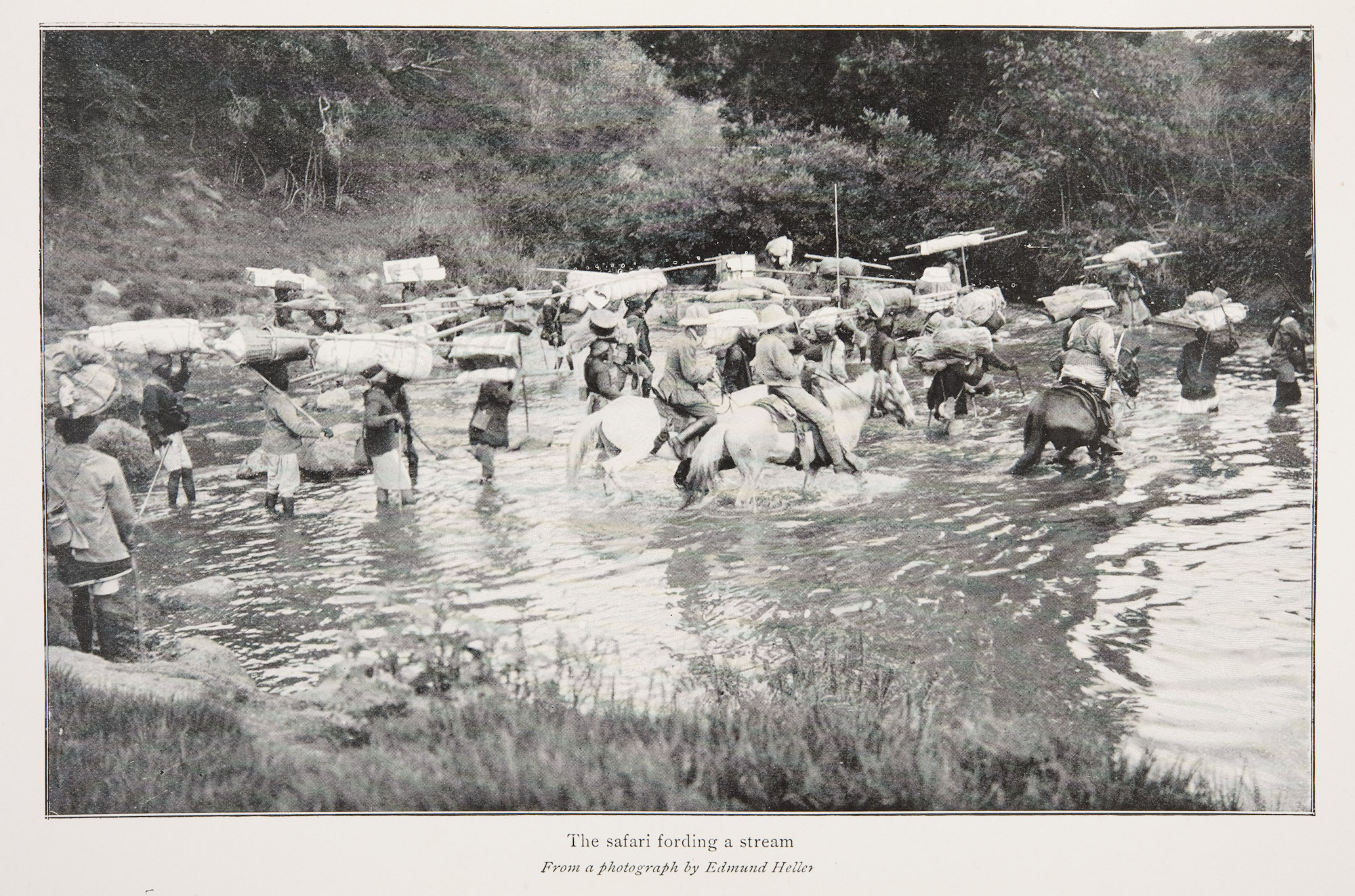 "The safari fording a stream," by Edmund Heller, page 160 from Theodore Roosevelt's African game trails (1910). St Andrews copy at Photo SK252.R7A4  