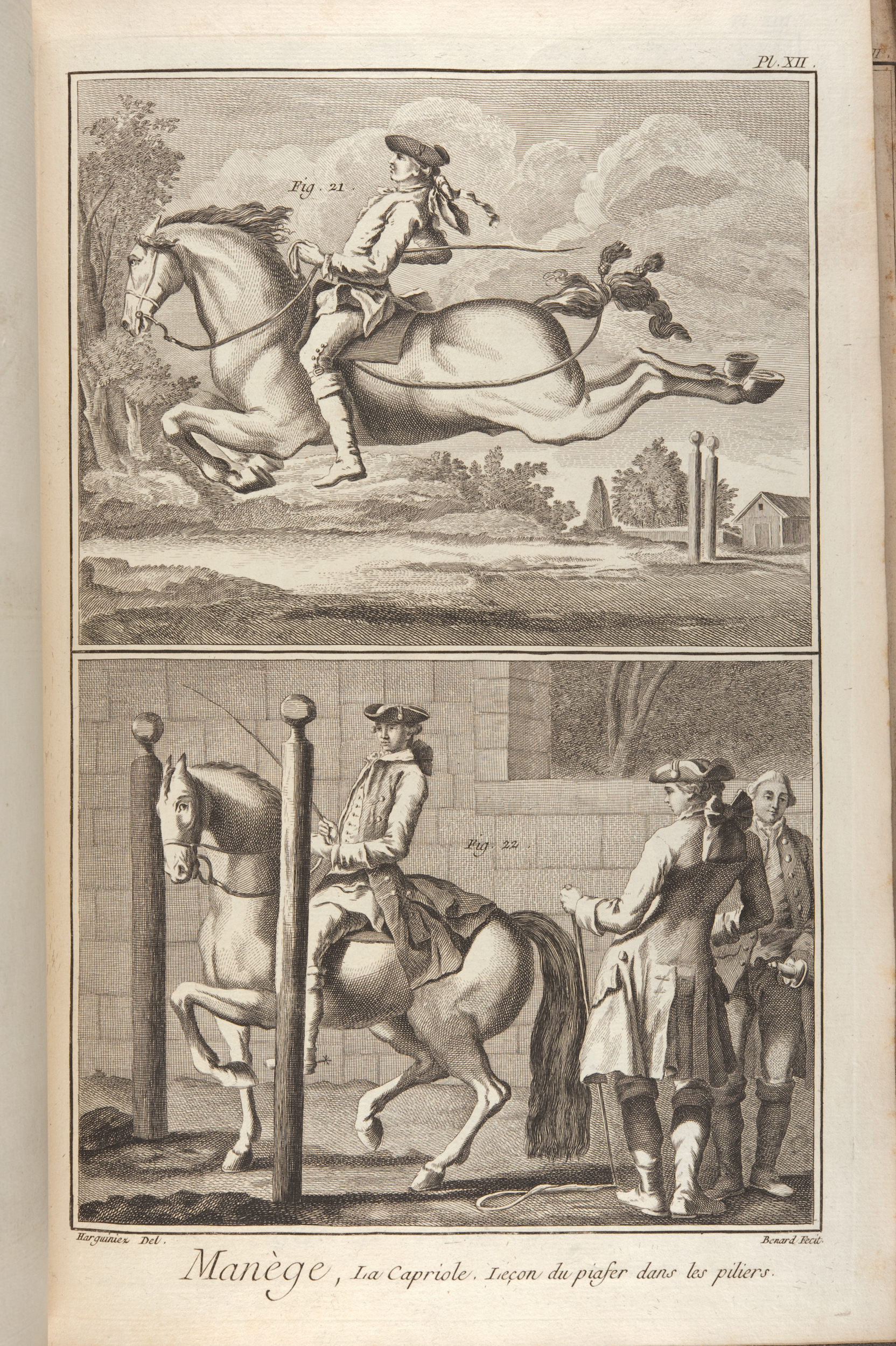 Plate depicting "Manege, La Capriole" ( )from Diderot & d’Alembert’s Encyclopédie (St Andrews copy at =sf AE25.D5)