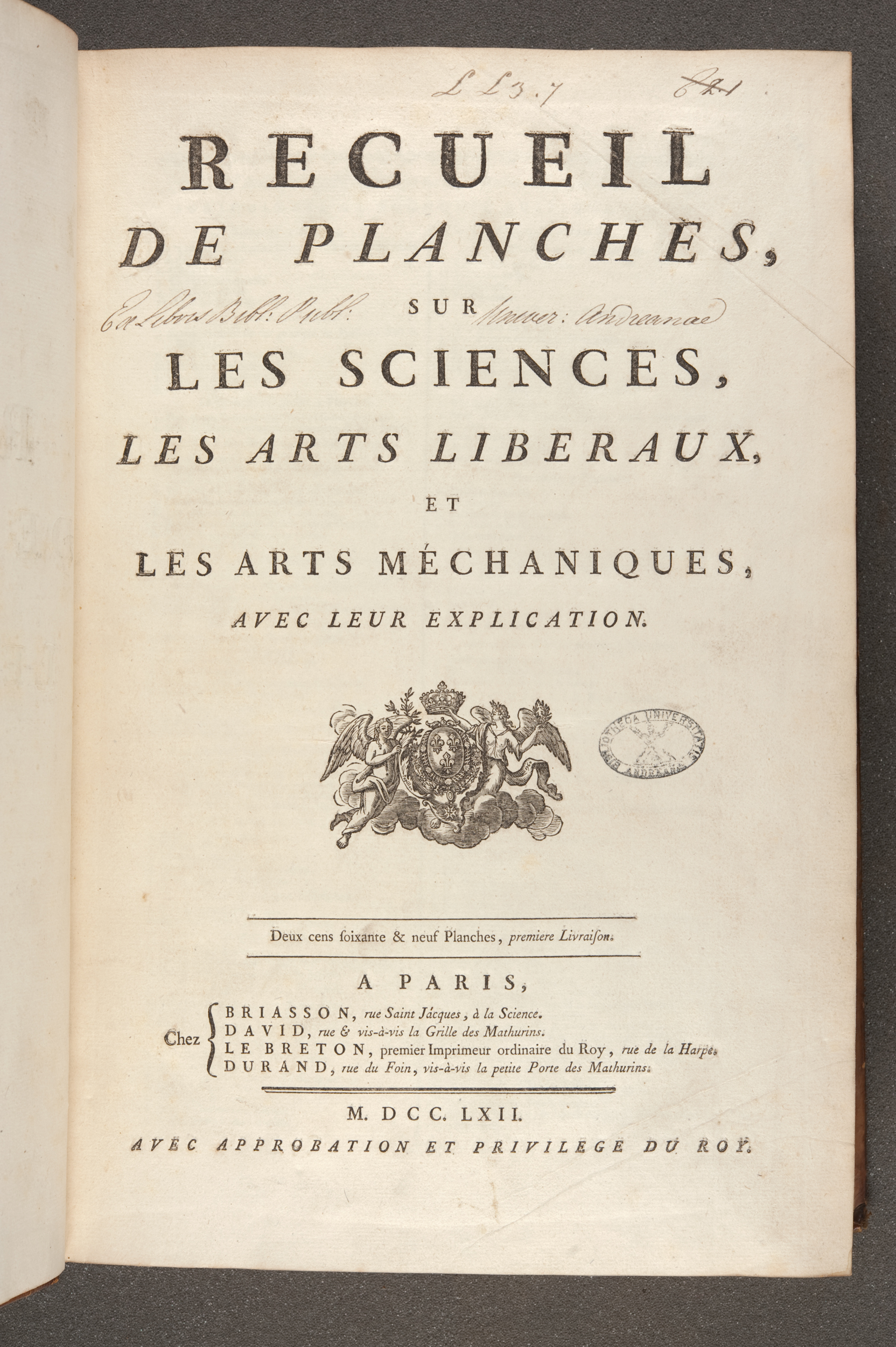 Title page for the volumes of plates from Encyclopédie (St Andrews copy at =sf AE25.D5)
