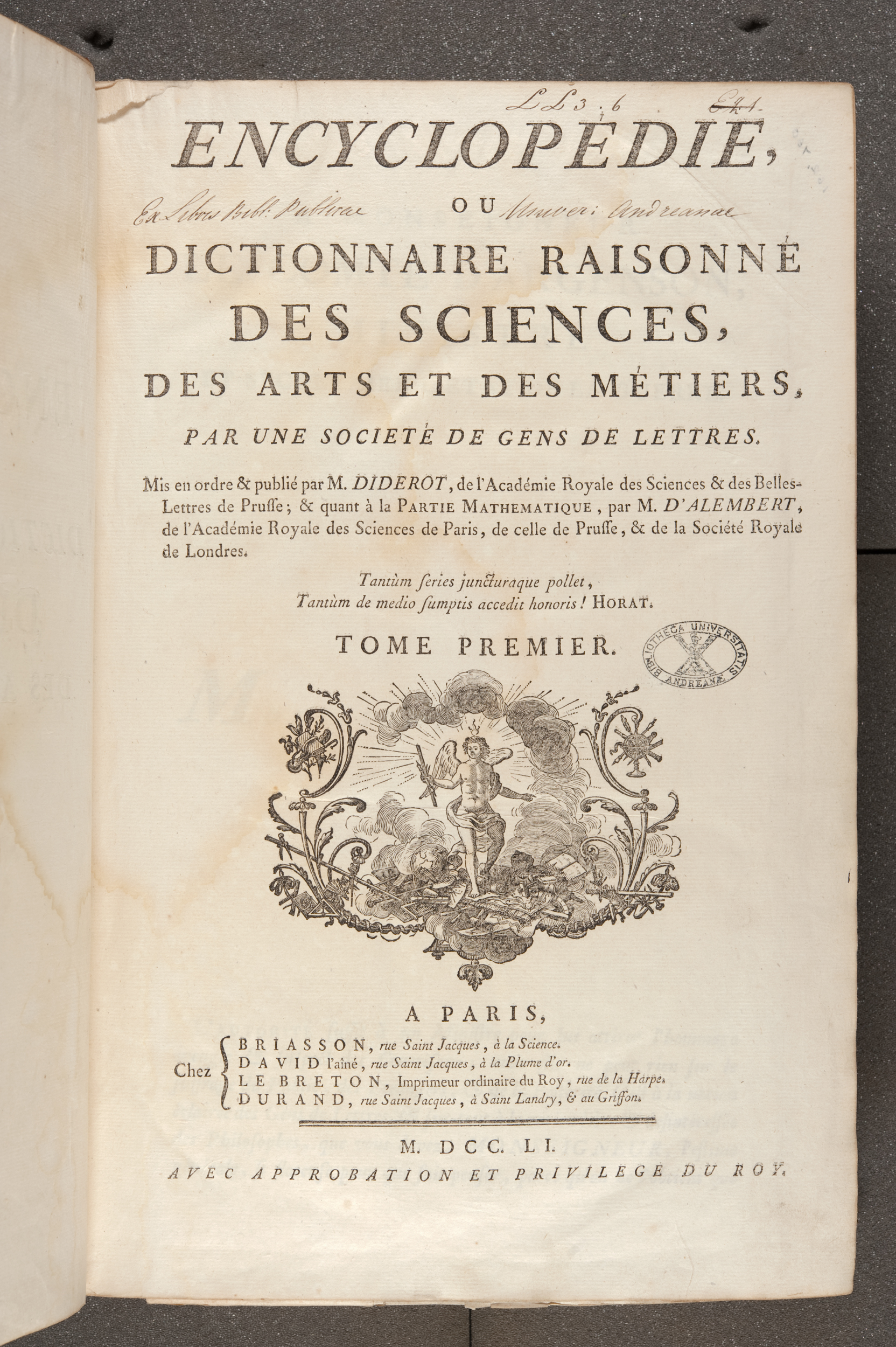 Title page of the Encyclopédie (St Andrews copy at =sf AE25.D5) 