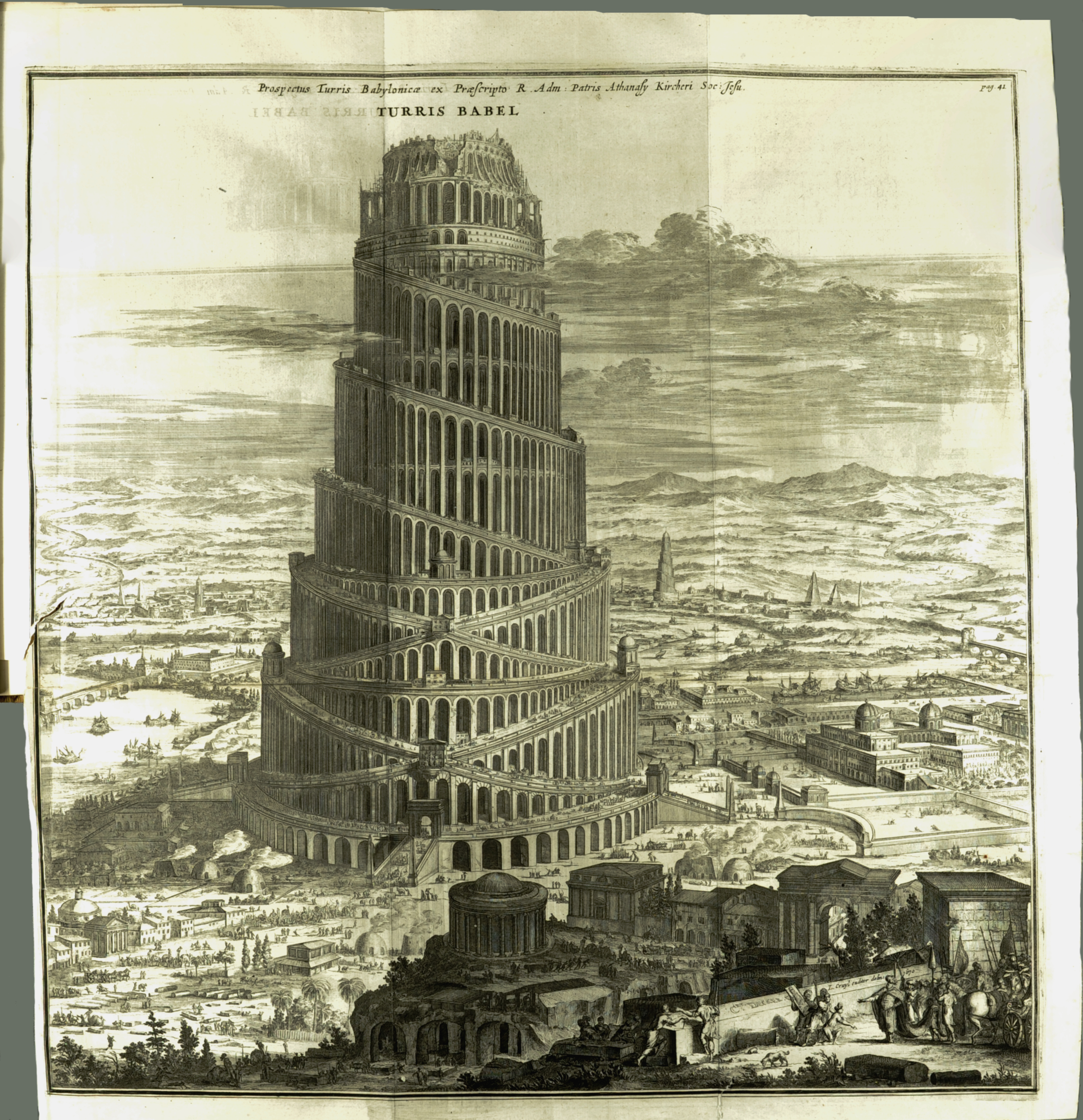 The large, fold-out plate of Kircher's vision of the Tower of Babel. From his Turris Babel, 1679 (St Andrews copy r17 BS1238.B2K5)