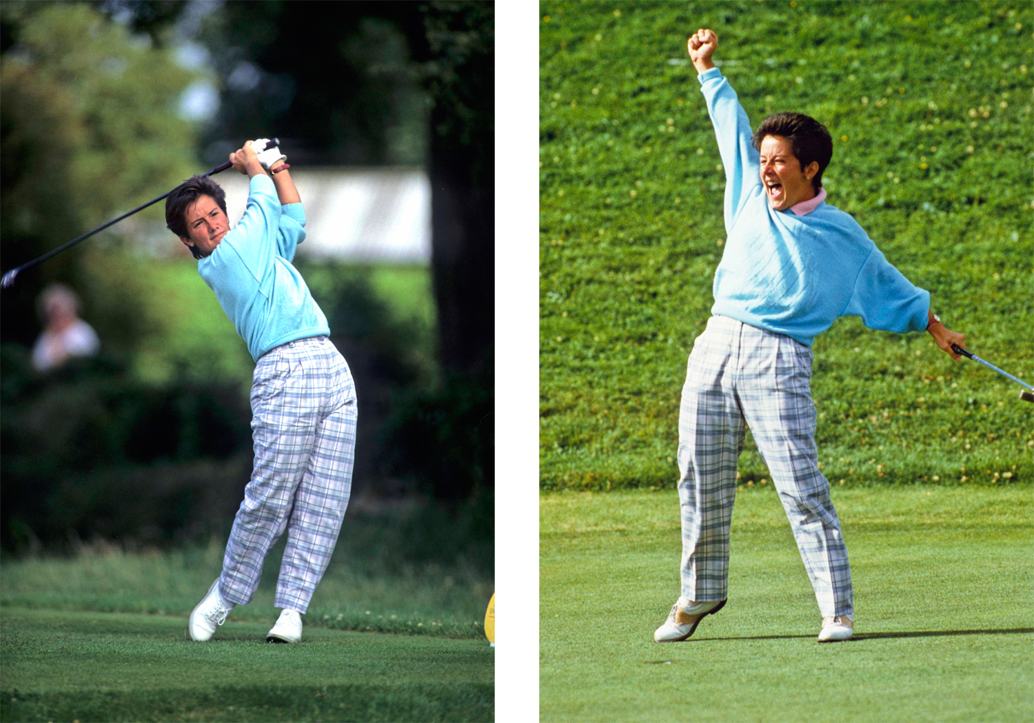Alison Nicholas on the tee (left) and celebrating her win (right) at the 1987 Women's British Open Championship. Photographs by Lawrence Levy, from the University of St Andrews Library Photographic Collection.