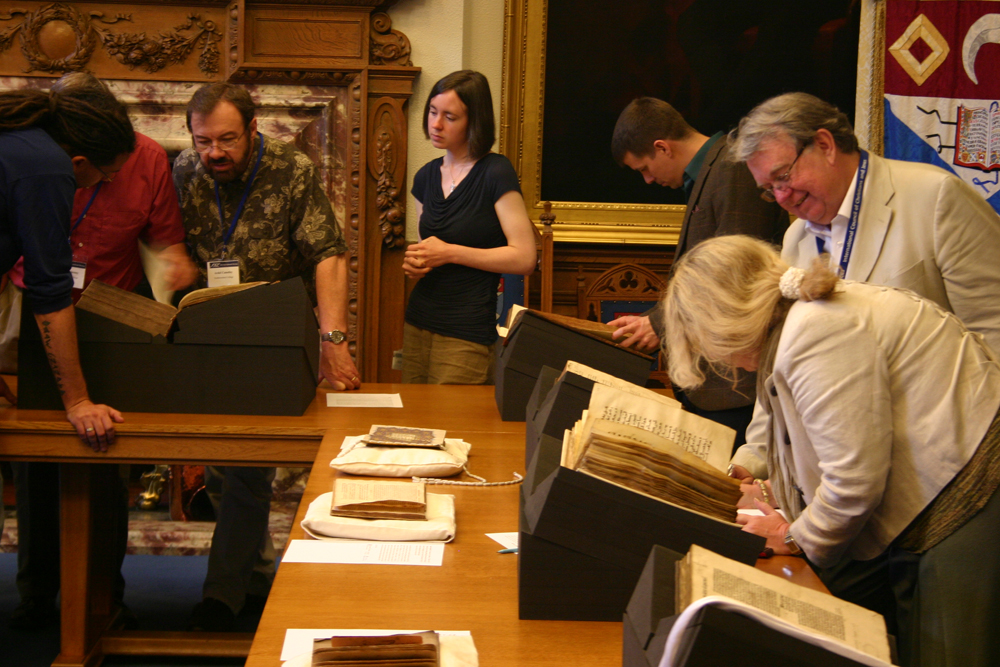 Delegates from the Society of Biblical Literature investigate some items from Special Collections at one of the workshop sessions.