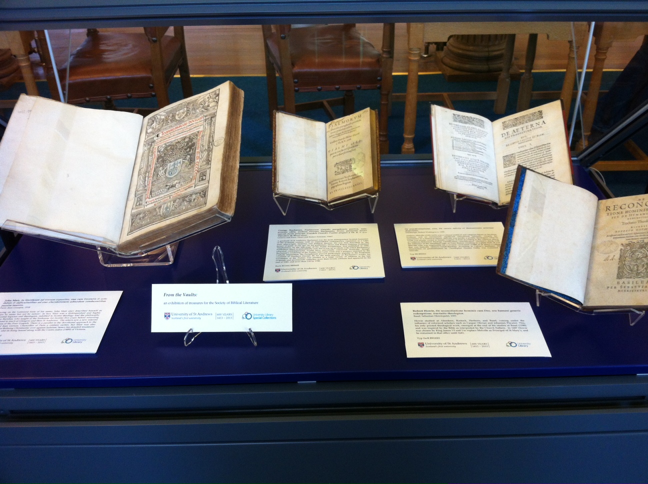 One of two display cases in the King James Library arranged for the Society of Biblical Literature conference, featuring works 
