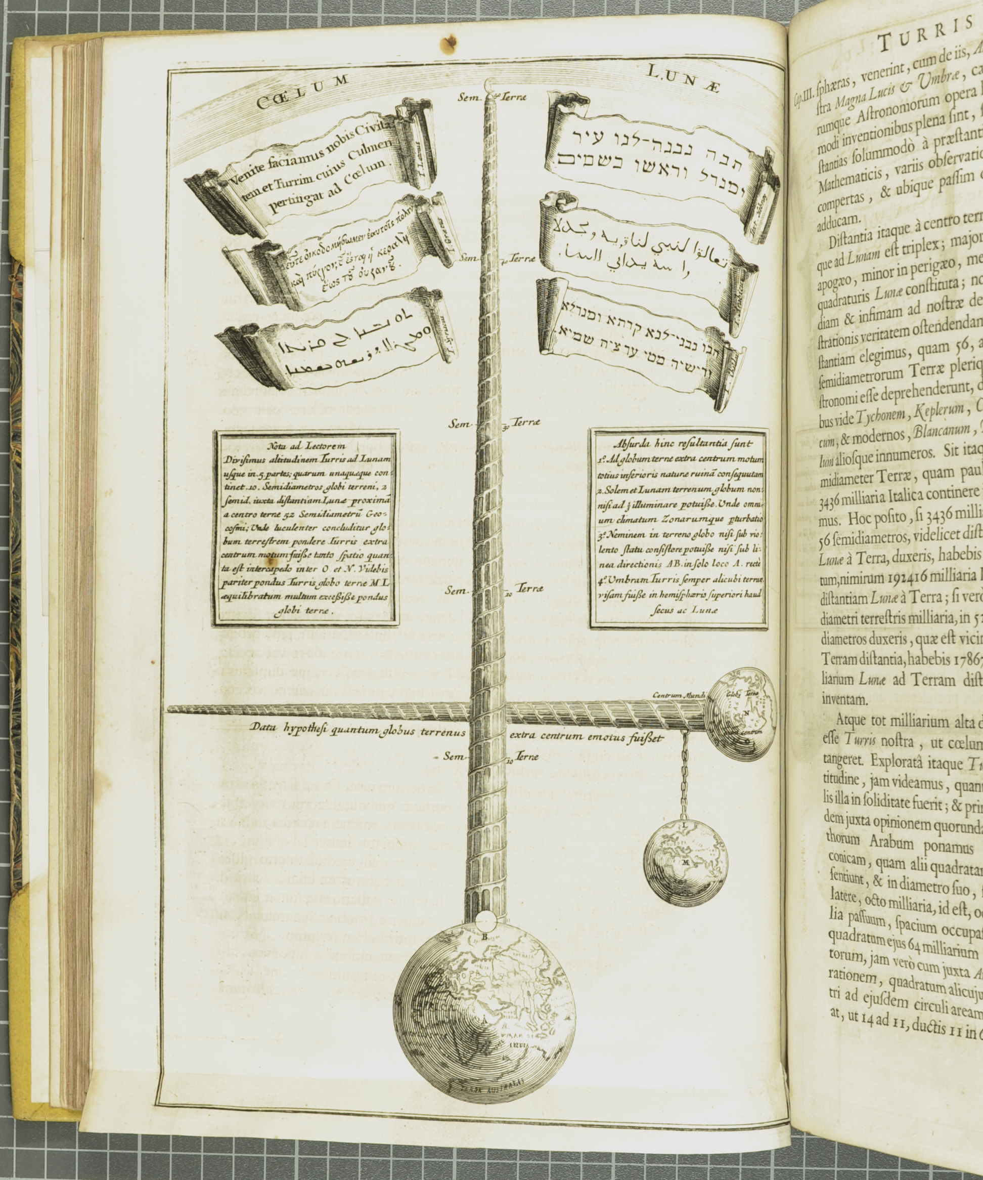 A visualisation of Kircher's reasoning for why the Tower of Babel could never reach the moon. From his Turris Babel, 1679 (St Andrews copy at r17f BS1238.B2K5)