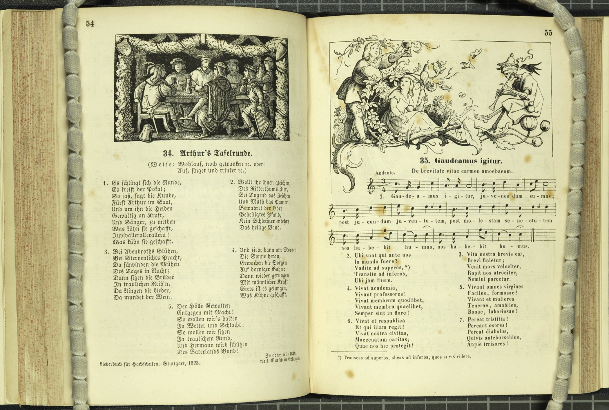 Arthur toasts his knights and a boy and girl toast a musical skeleton in this outstanding illustrated book of German songs, Alte und neue Studenten Lieder. (And M1961.R5)