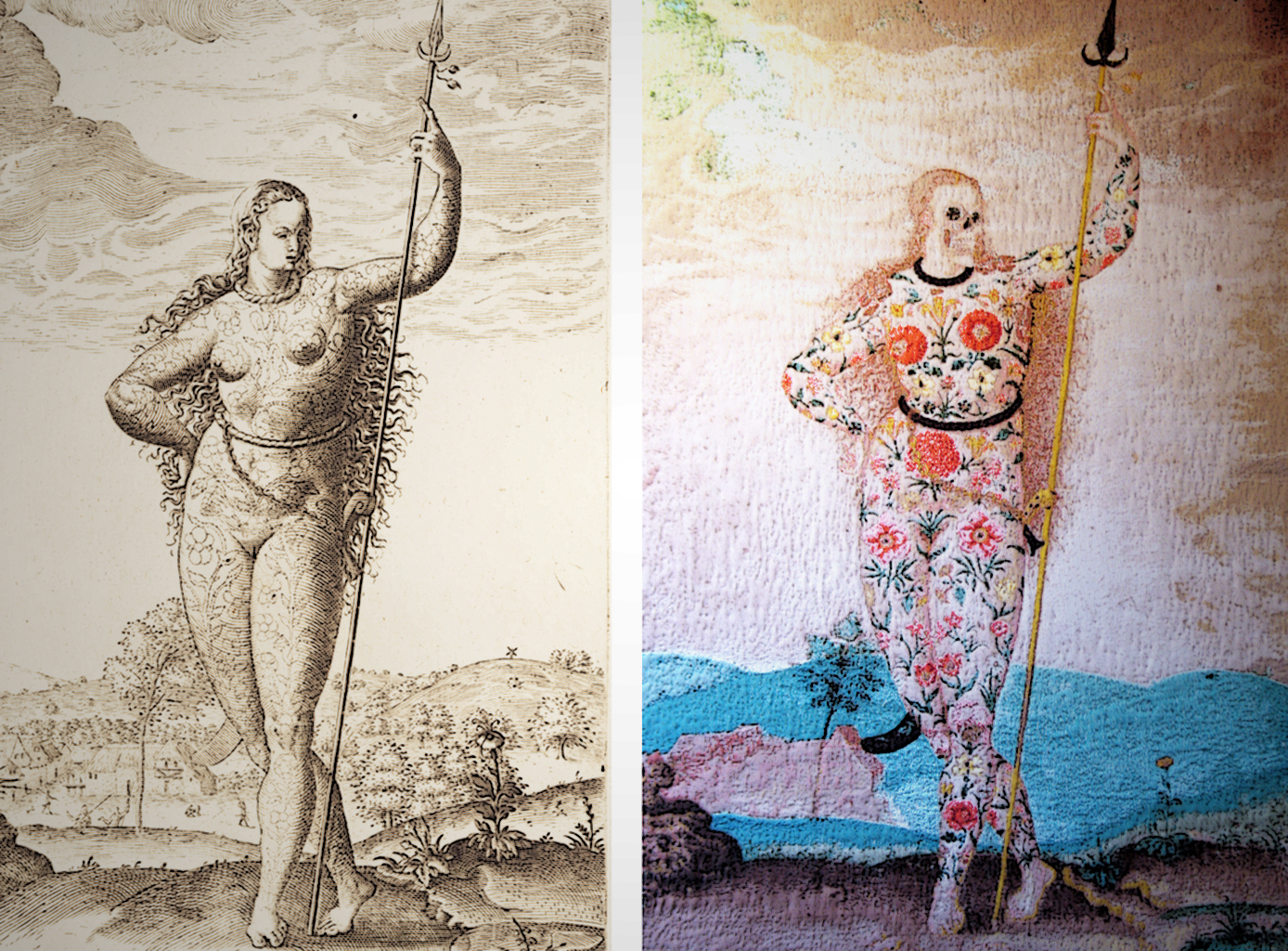 Two interpretations of Le Moyne's A Young Daughter of the Picts: de Bry's 16th century engraving (left) and Taylor's 21st century digital tapestry.