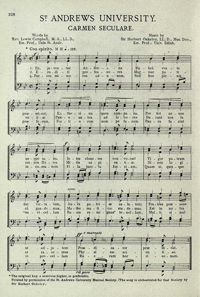 The first page of ‘Carmen Seculare’, a song associated with the University of St Andrews. From The Scottish Students’ Song Book, StA M1965.S4S7.